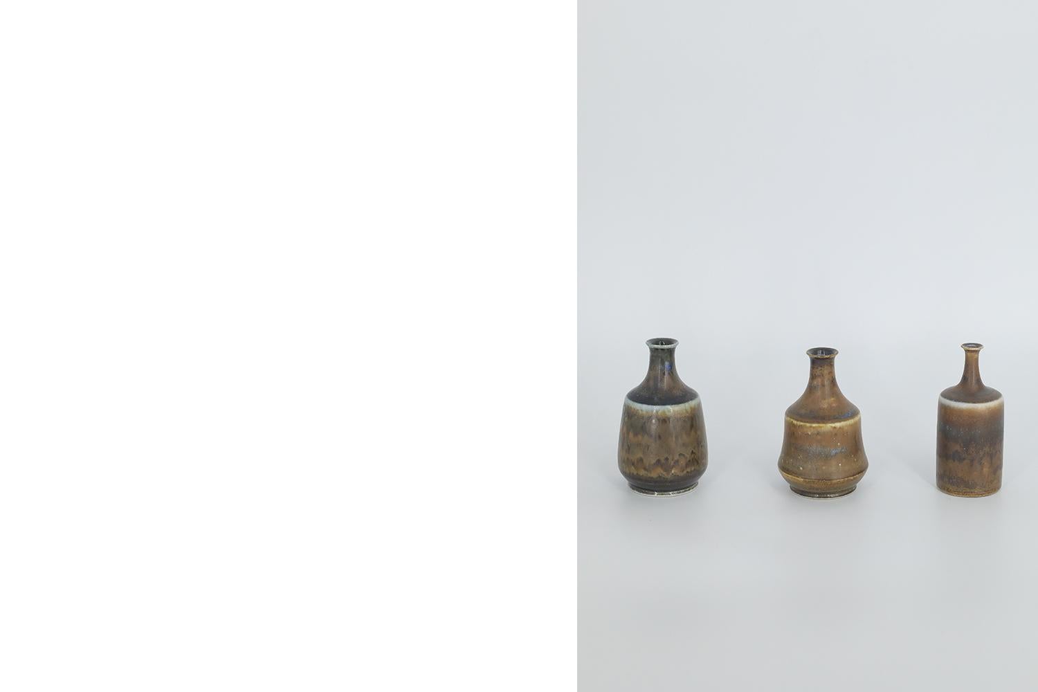 Set of 3 Small Mid-Century Scandinavian Modern Collectible Brown Stoneware Vase For Sale 3