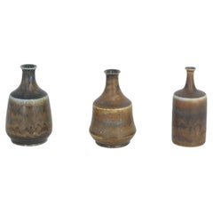 Used Set of 3 Small Mid-Century Scandinavian Modern Collectible Brown Stoneware Vase