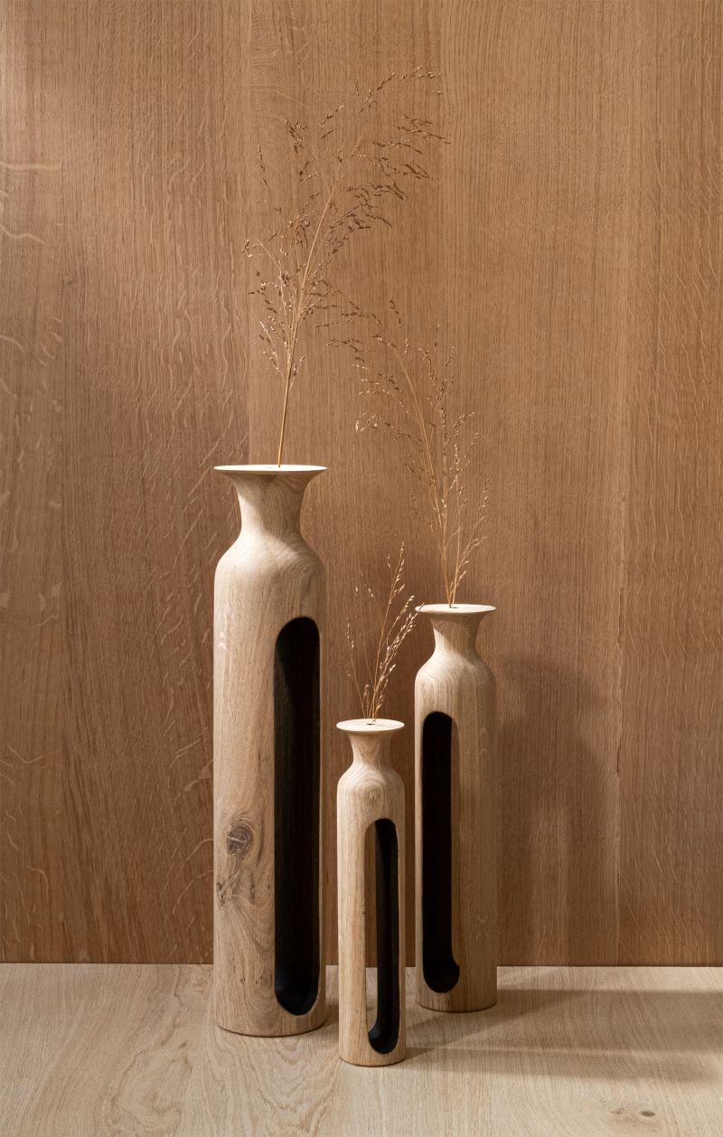 French Set Of 3 Small Oak Bettoïa Vases by Alexandre Labruyère