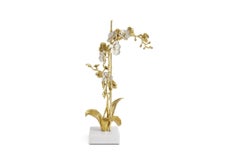 Set of 3 Small Orchid Sculptures Brass White Enamel, Marble Base