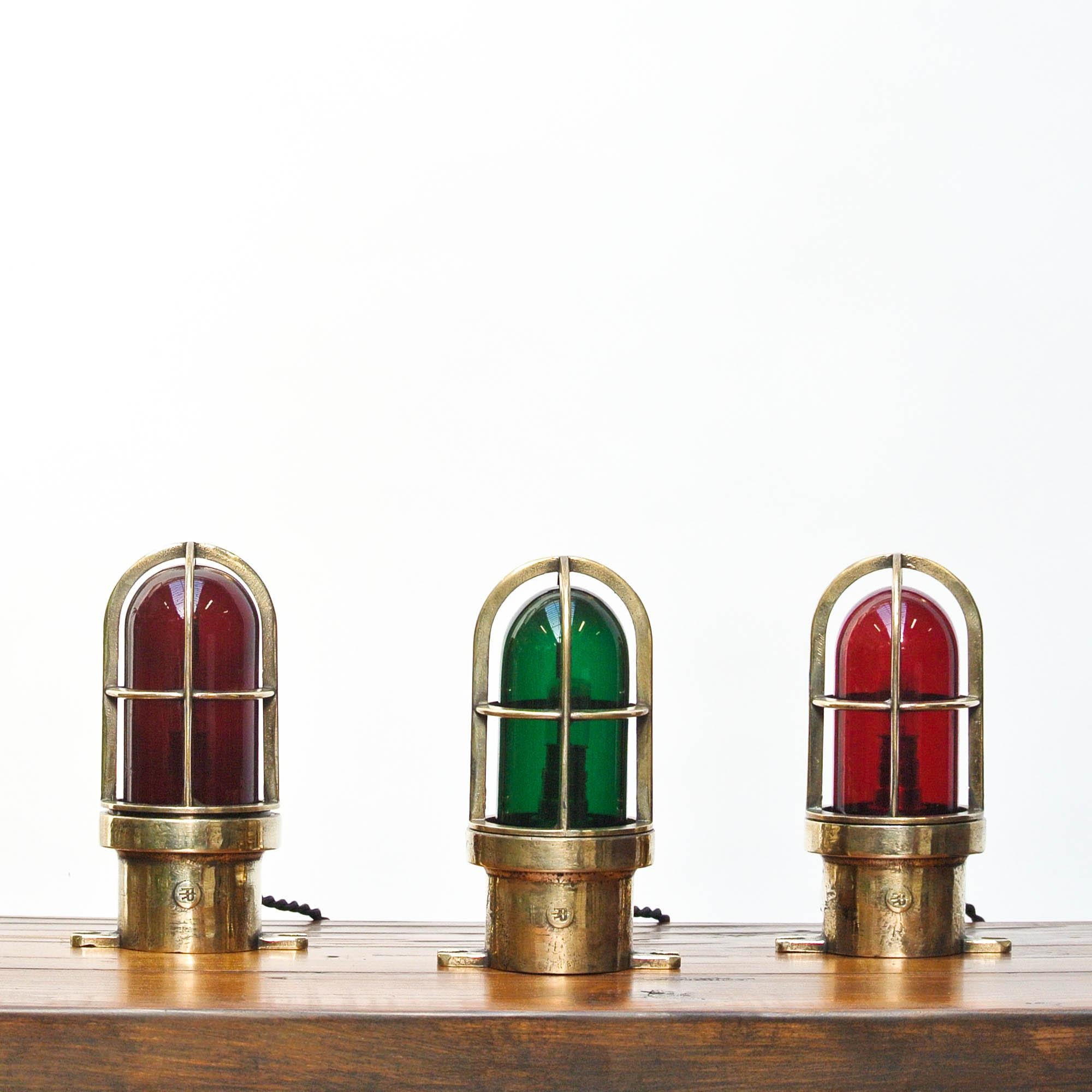 Industrial Set of 3 Small Signal Lamp in Brass and Colored Glass, France, circa 1950-1959