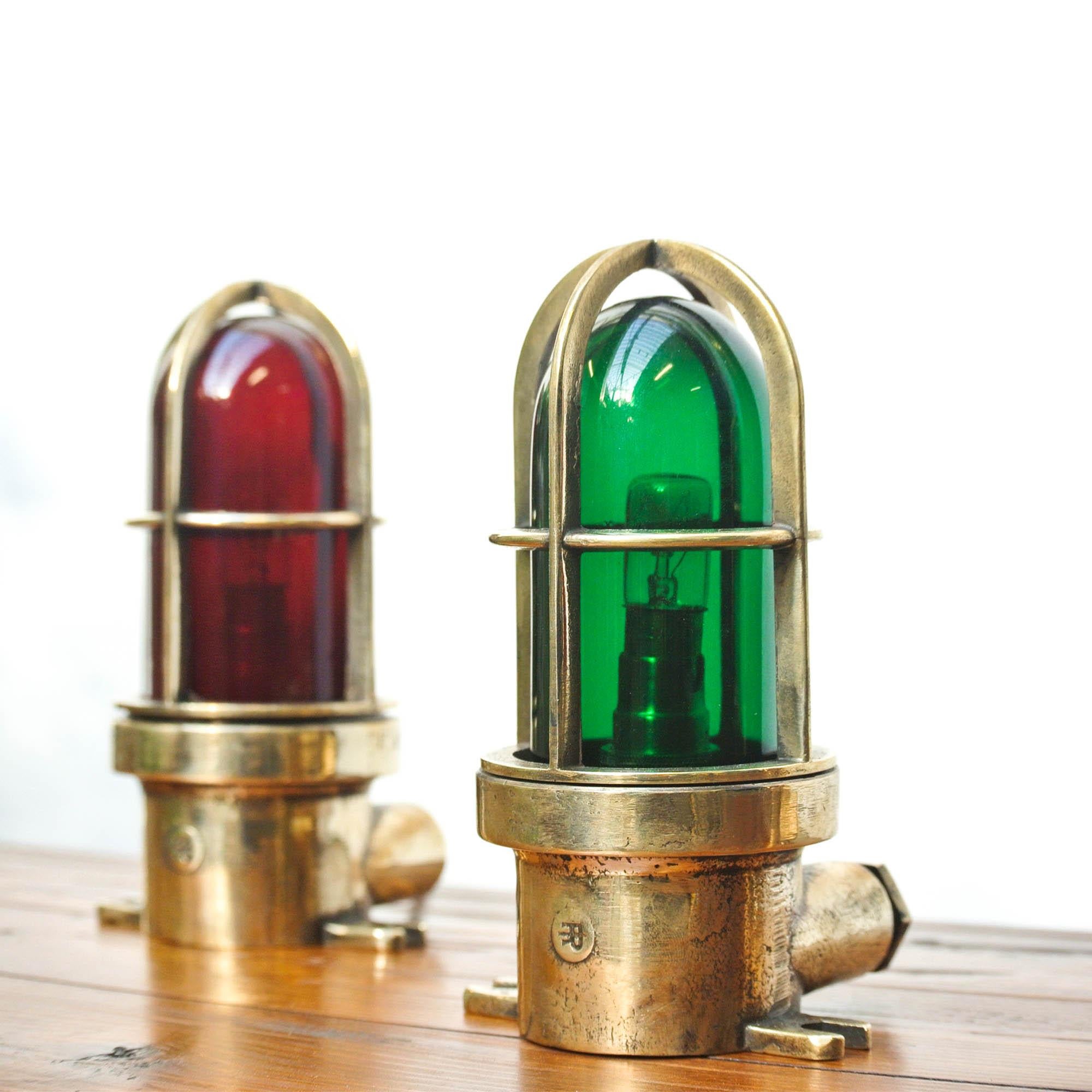 French Set of 3 Small Signal Lamp in Brass and Colored Glass, France, circa 1950-1959