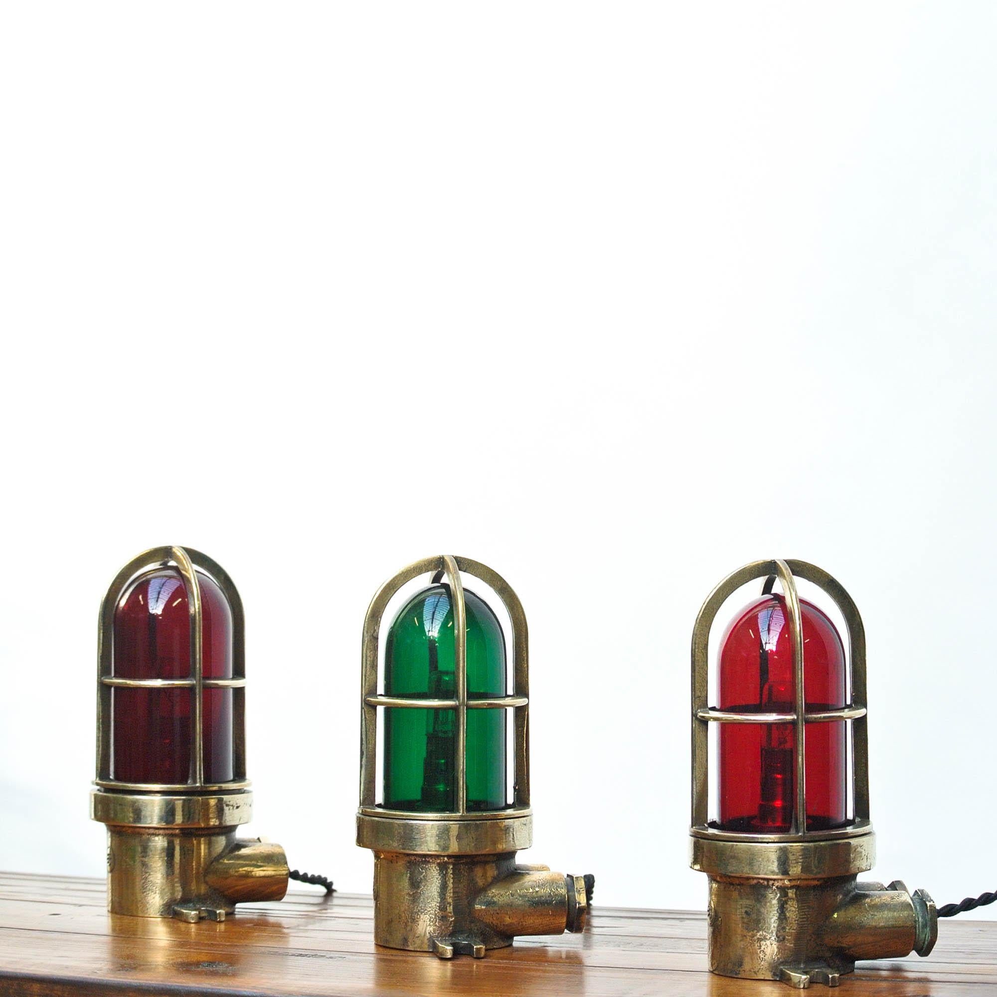 Polished Set of 3 Small Signal Lamp in Brass and Colored Glass, France, circa 1950-1959