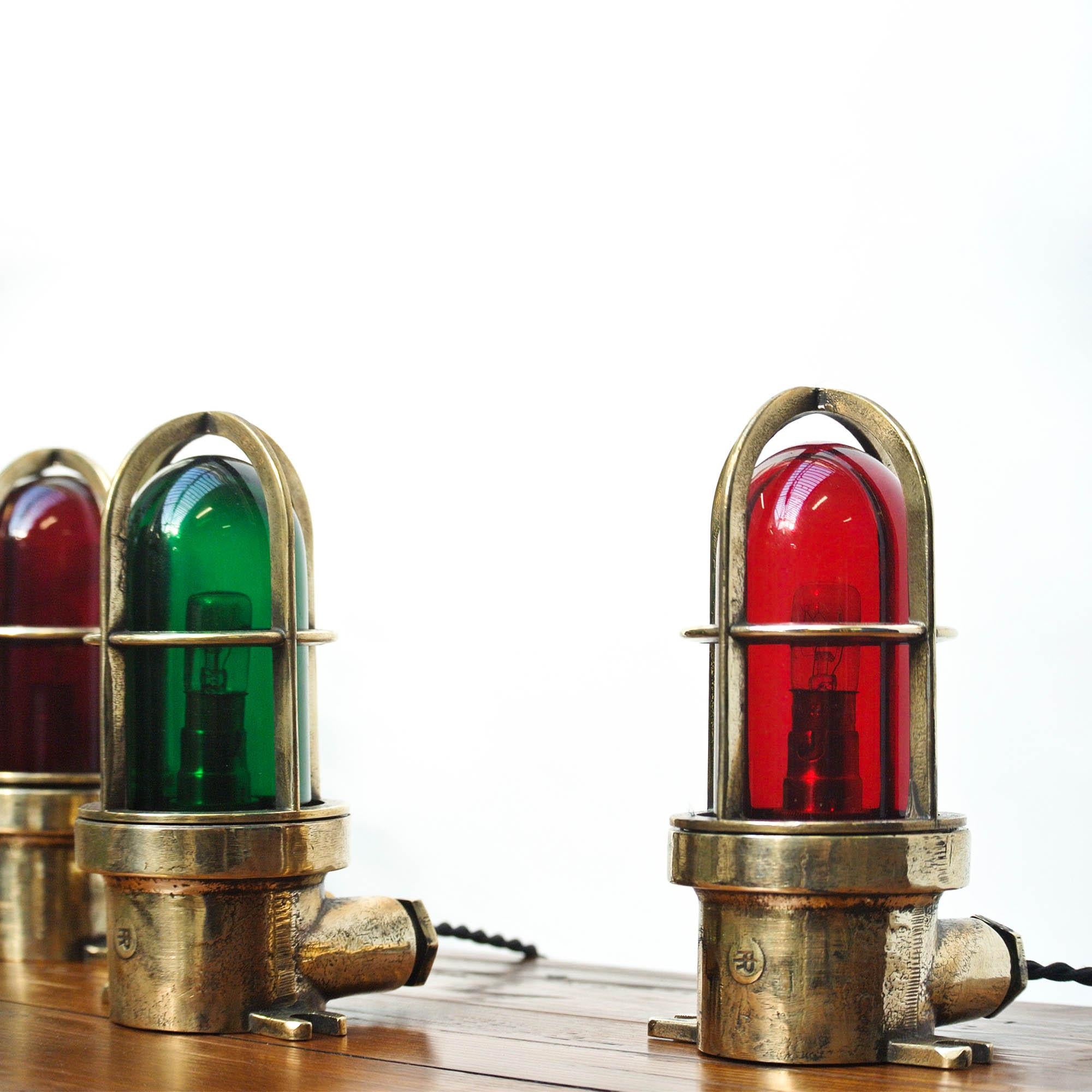 Set of 3 Small Signal Lamp in Brass and Colored Glass, France, circa 1950-1959 In Good Condition In Saint Ouen, FR