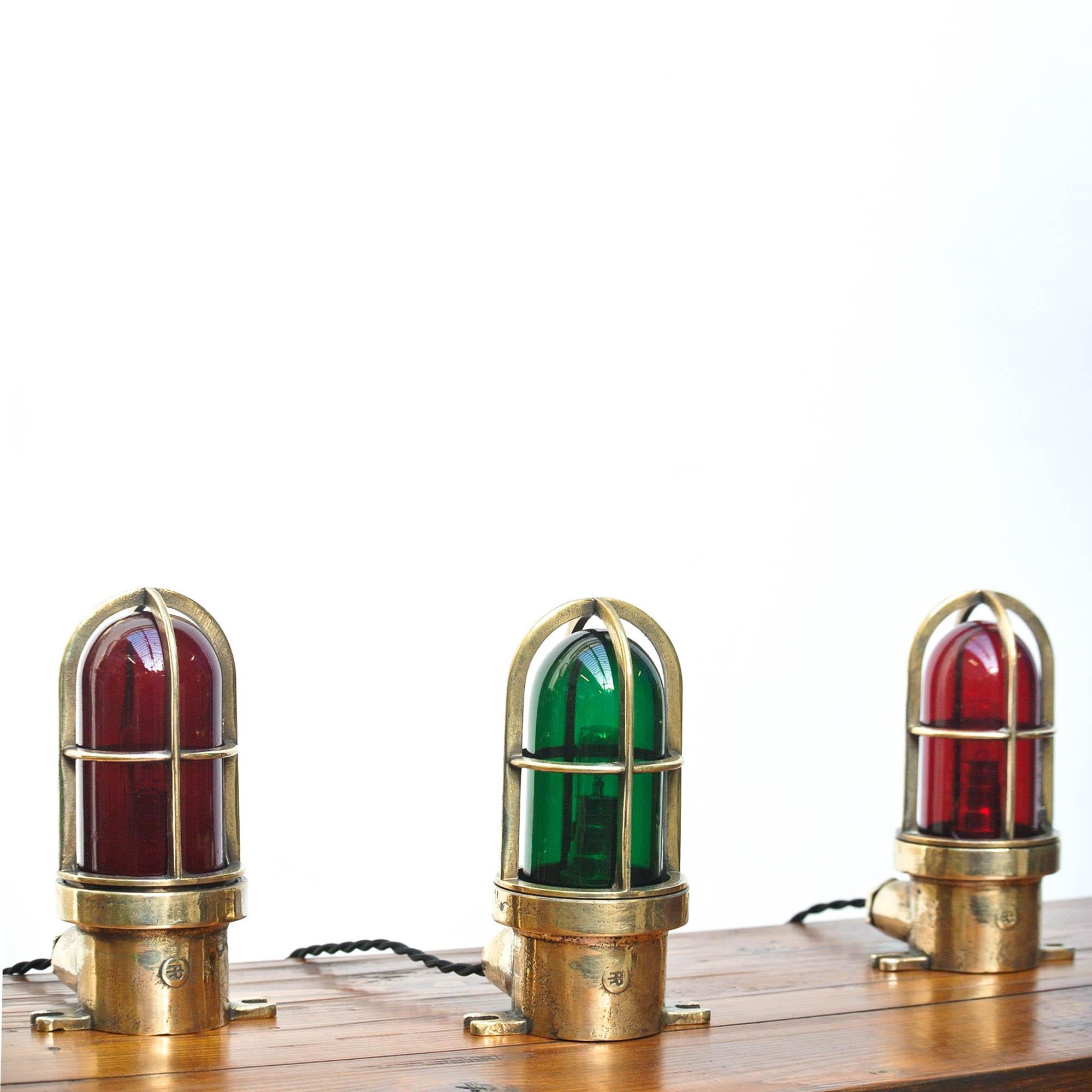 Mid-20th Century Set of 3 Small Signal Lamp in Brass and Colored Glass, France, circa 1950-1959