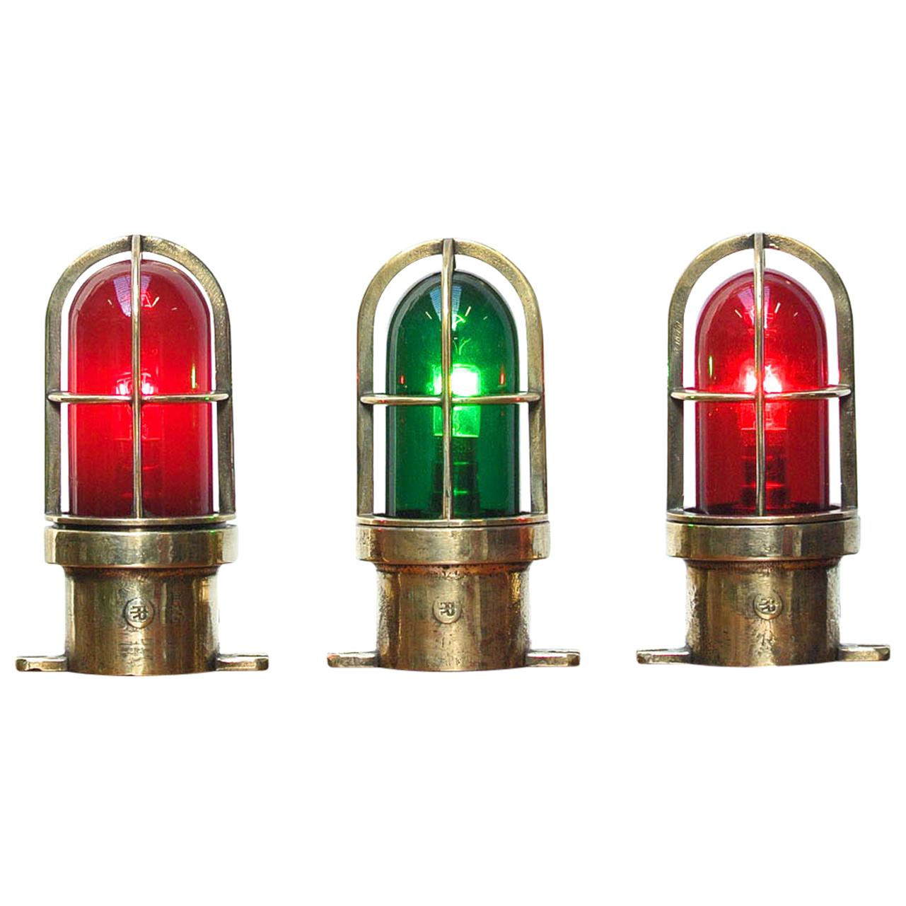 Set of 3 Small Signal Lamp in Brass and Colored Glass, France, circa 1950-1959