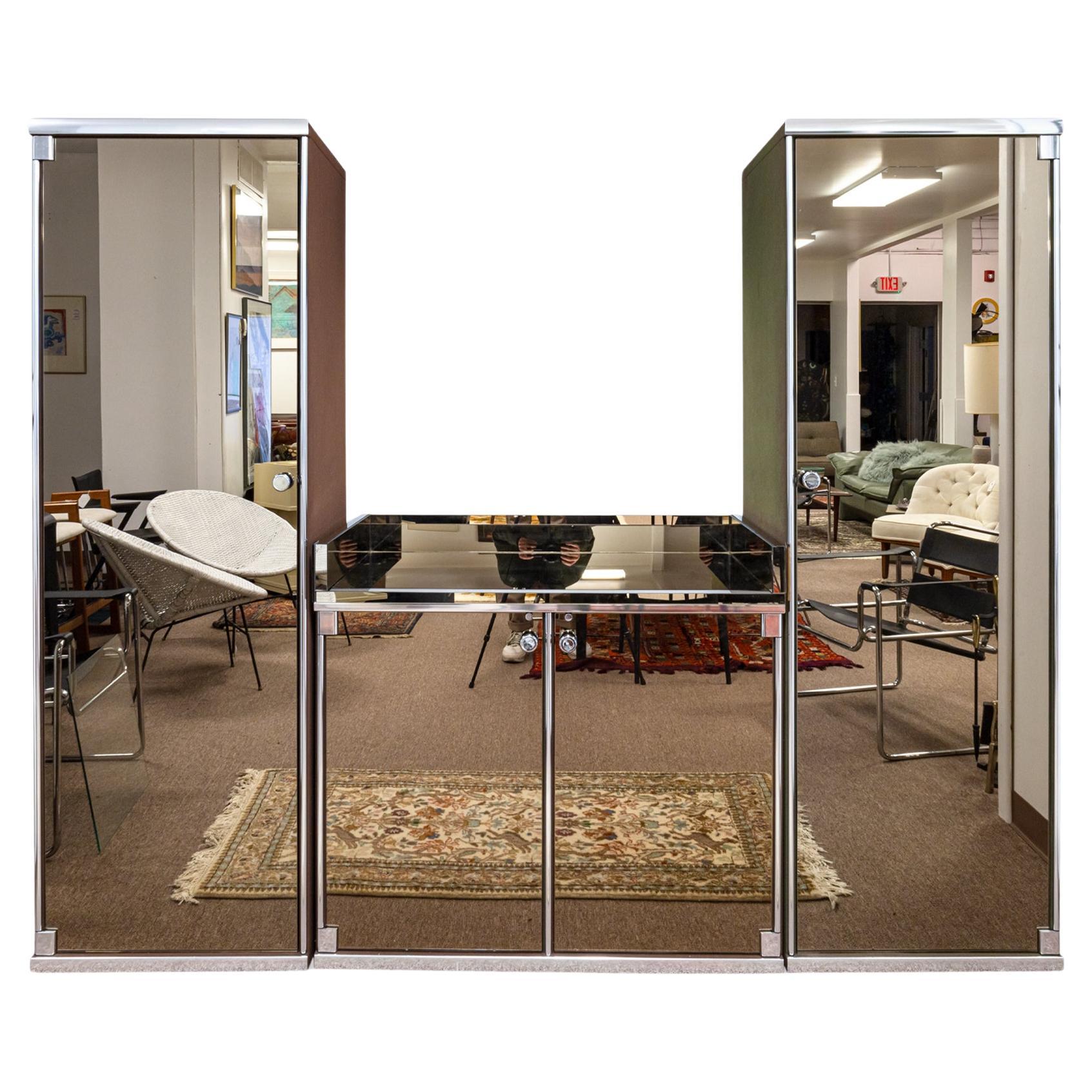 Set of 3 Smoked Mirror Chrome Cabinets by Guido Faleschini for Mariani and Pace For Sale