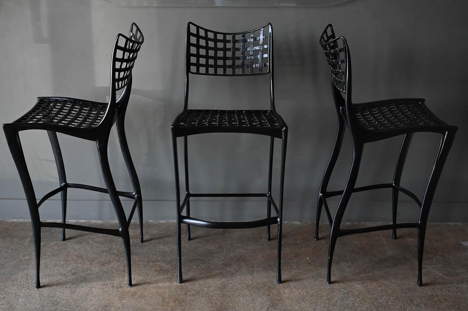 Set of 3 Sol y Luna Gazelle Bar Stools by Dan Johnson, 1980. Stools were freshly powder coated about a year ago, they are in very good condition with only slight wear. BAR HEIGHT seats.