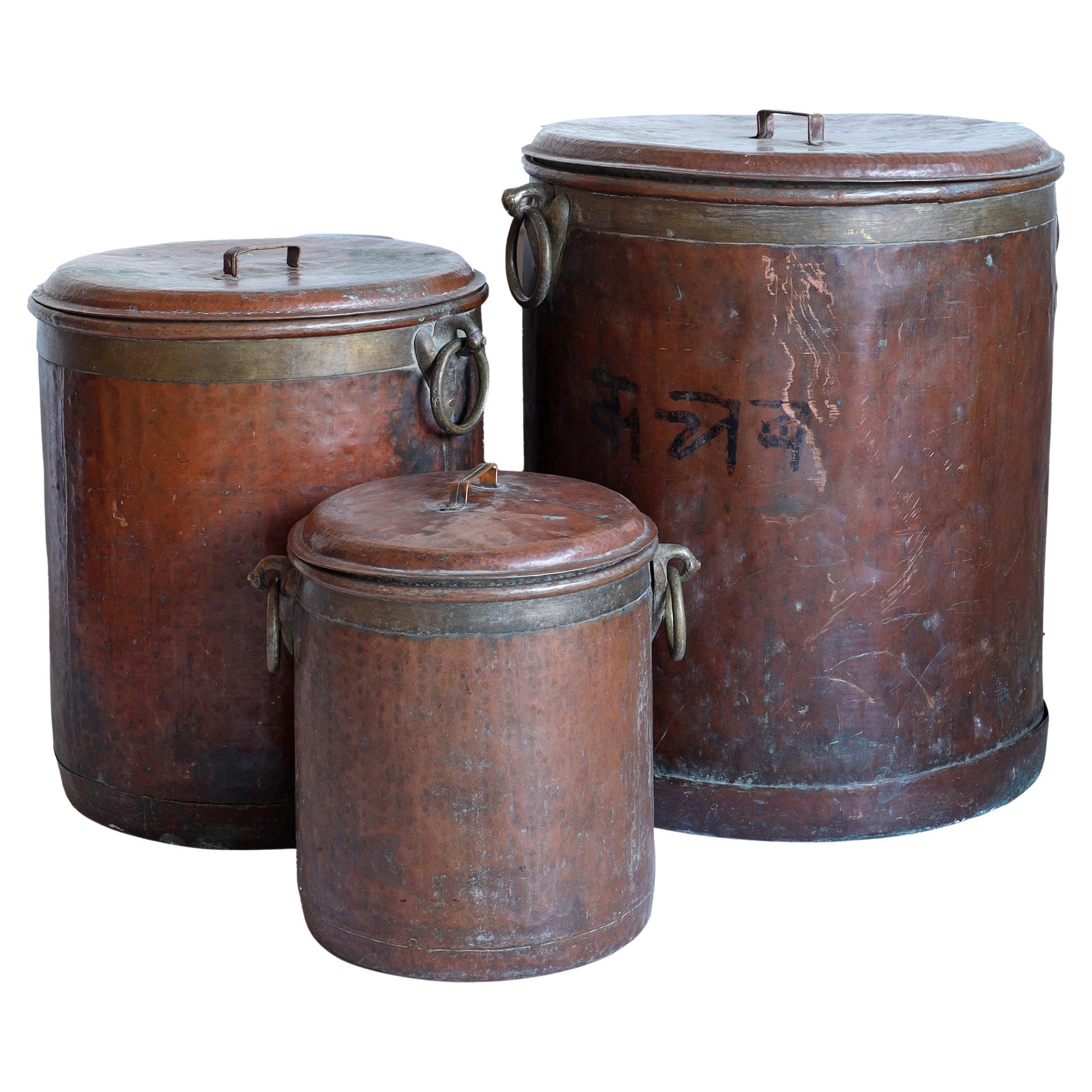 Juego de 3 macetas de cobre macizo martillado
