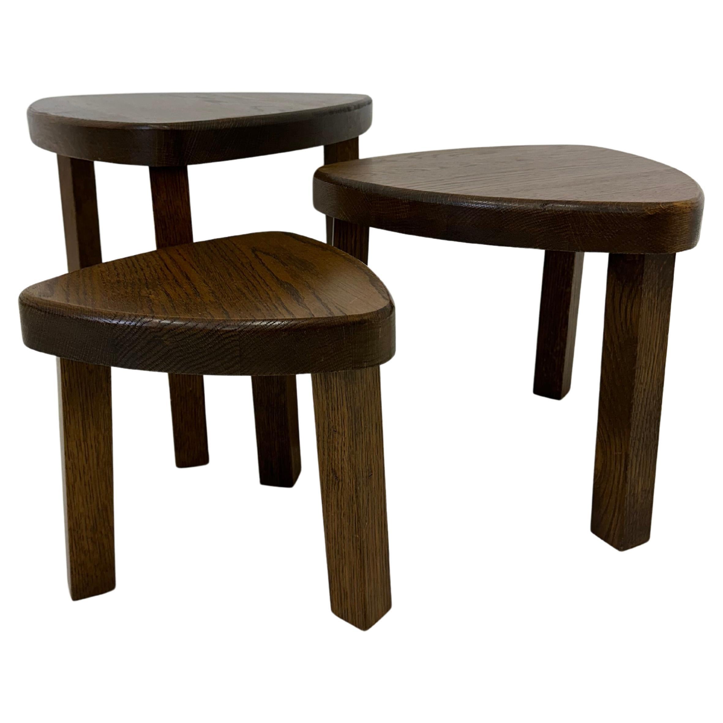 Set of 3 solid oak nesting tables , 1970s