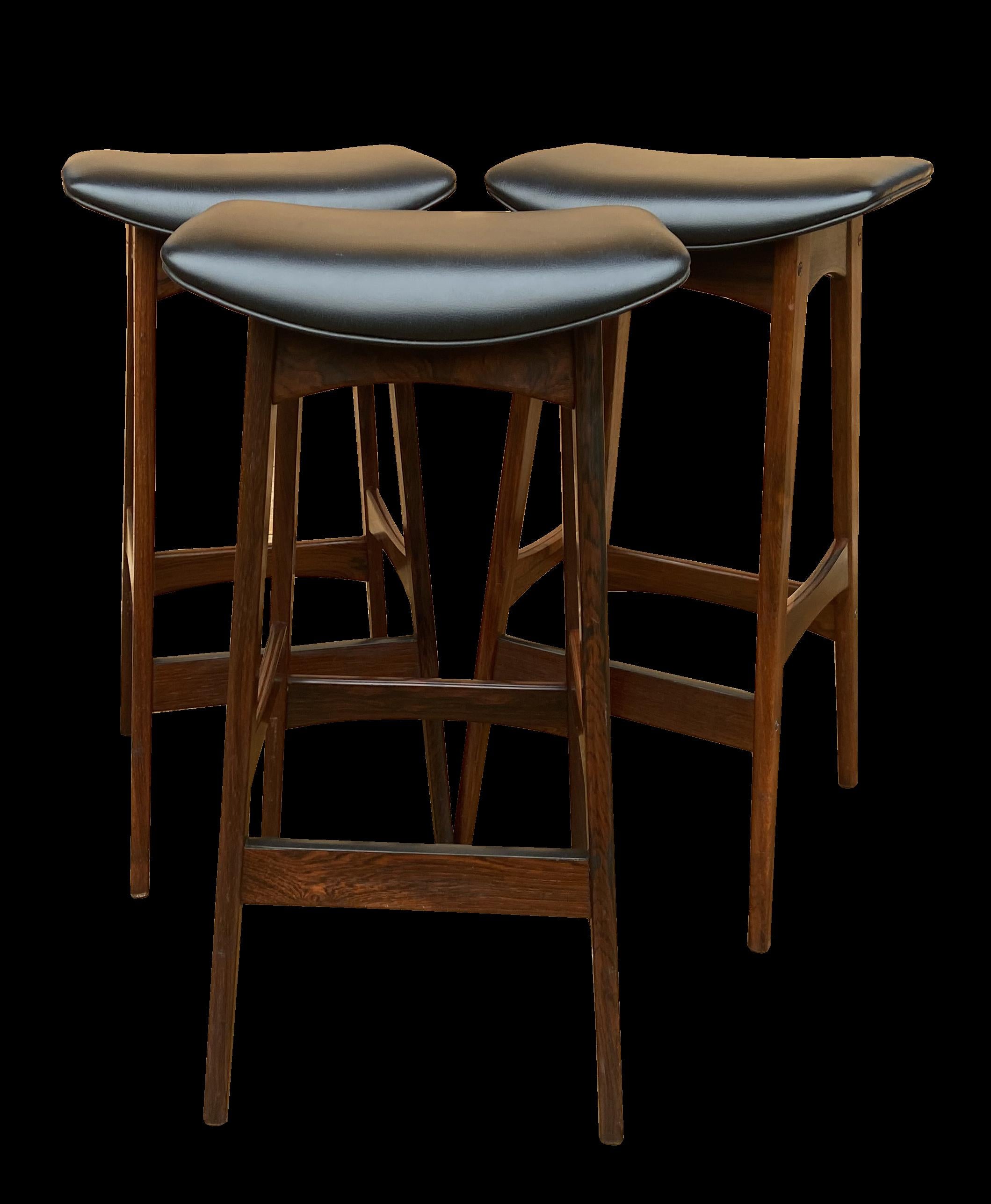 Danish Set of 3 Solid Santos Rosewood Bar Stools by Johannes Andersen