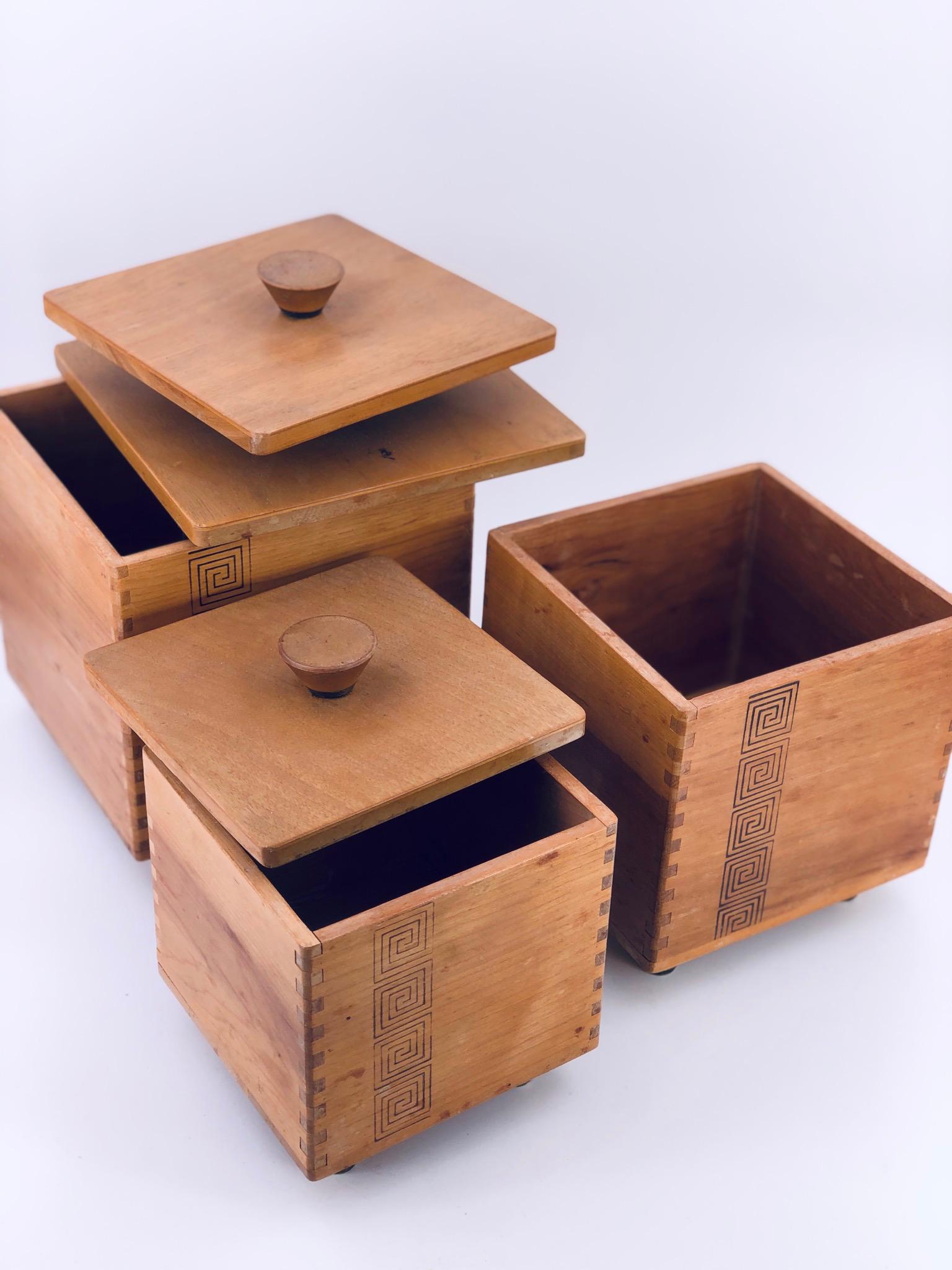 Mid-Century Modern Set of 3 Solid Wood Midcentury Japanese Trinket Boxes