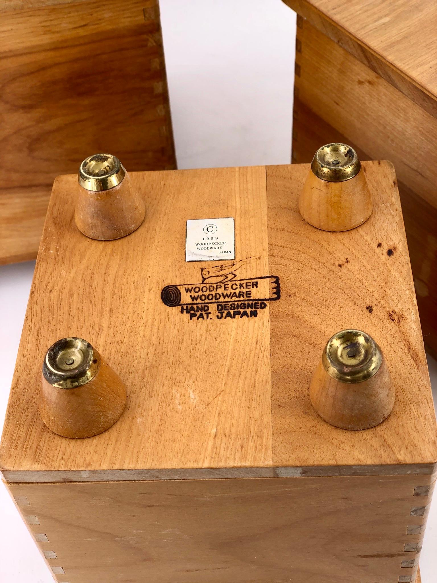 20th Century Set of 3 Solid Wood Midcentury Japanese Trinket Boxes