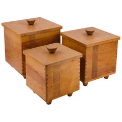 Vintage Set of 3 Solid Wood Midcentury Japanese Trinket Boxes