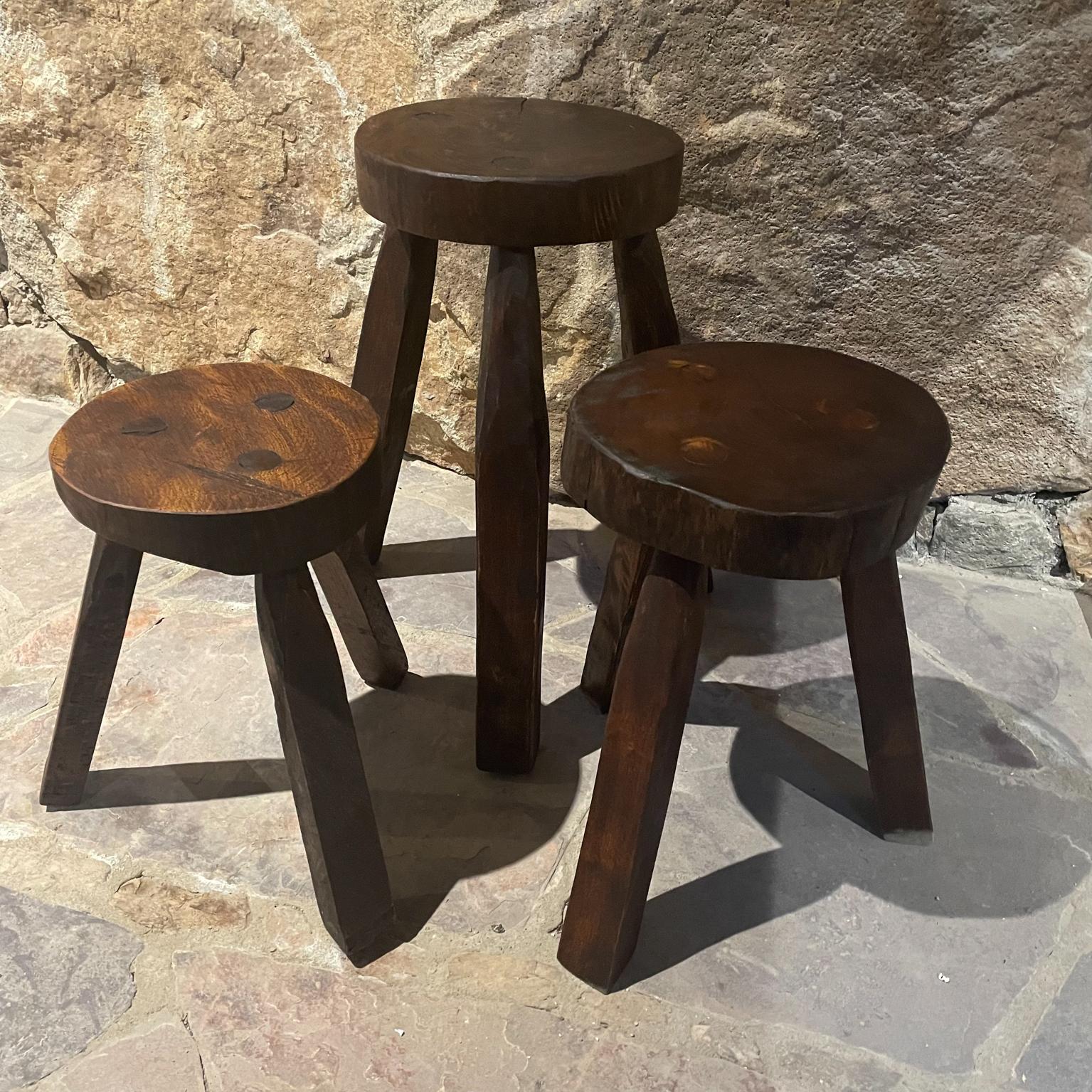  1950s Three Carved Wood Stools Style of Pierre Jeanneret In Good Condition In Chula Vista, CA