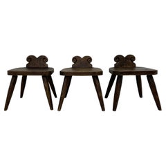 Set of 3 solid wooden brutalist stool , 1970’s