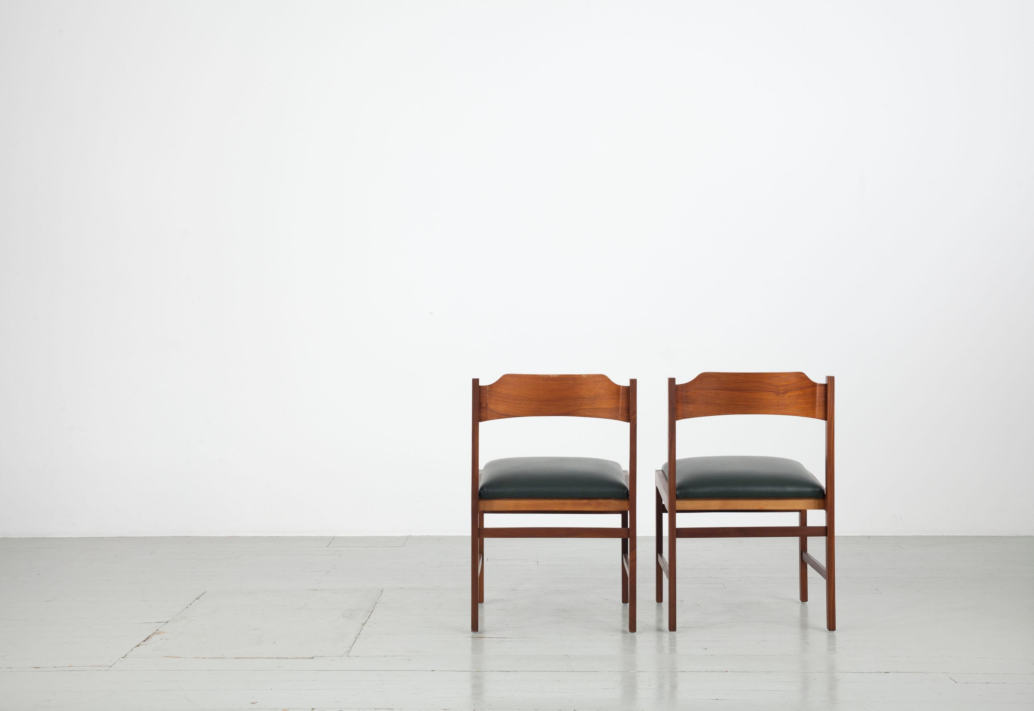 Mid-20th Century Set of 3 Solid Wooden Chairs with Dark Green Leatherette Upholstery, 1960s For Sale