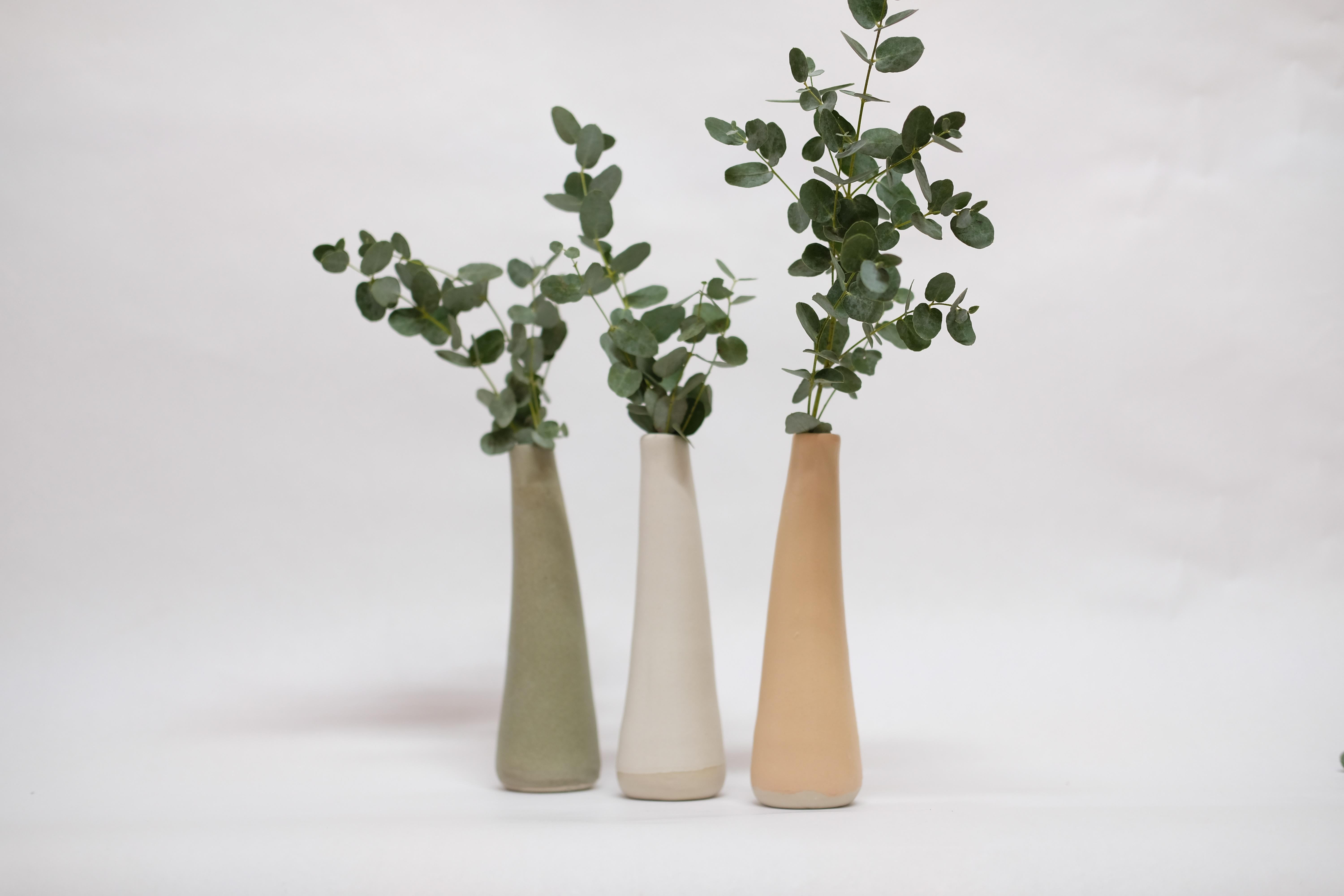 Ensemble de 3 vases en grès Solitario de Camila Apaez
Unique en son genre
Matériaux : Grès cérame
Dimensions : 7 x 7 x 19 cm : 7 x 7 x 19 cm
Options : Os blanc, sauge en pierre, vert artichaut (jusqu'à épuisement des stocks), babeurre.

Cette année