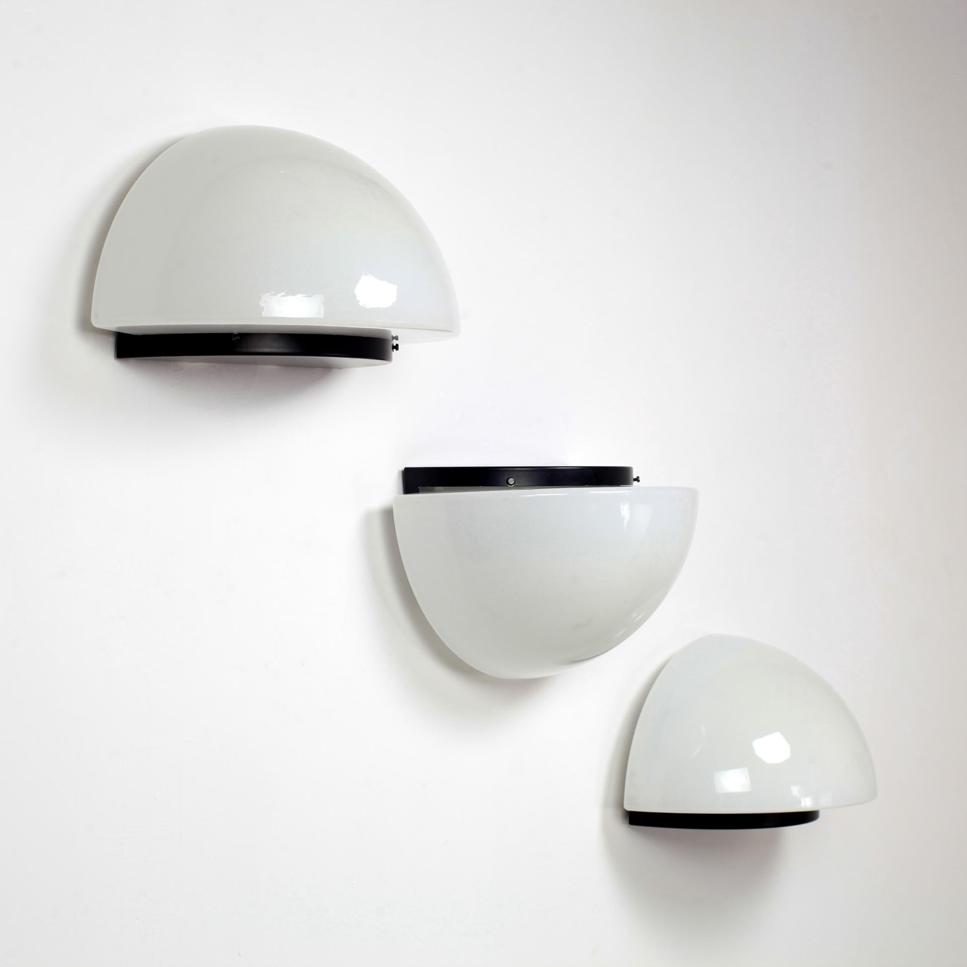 Set of 3 Space Age Black Metal and Opaline Glass Wall Light, Netherlands, 1970 1