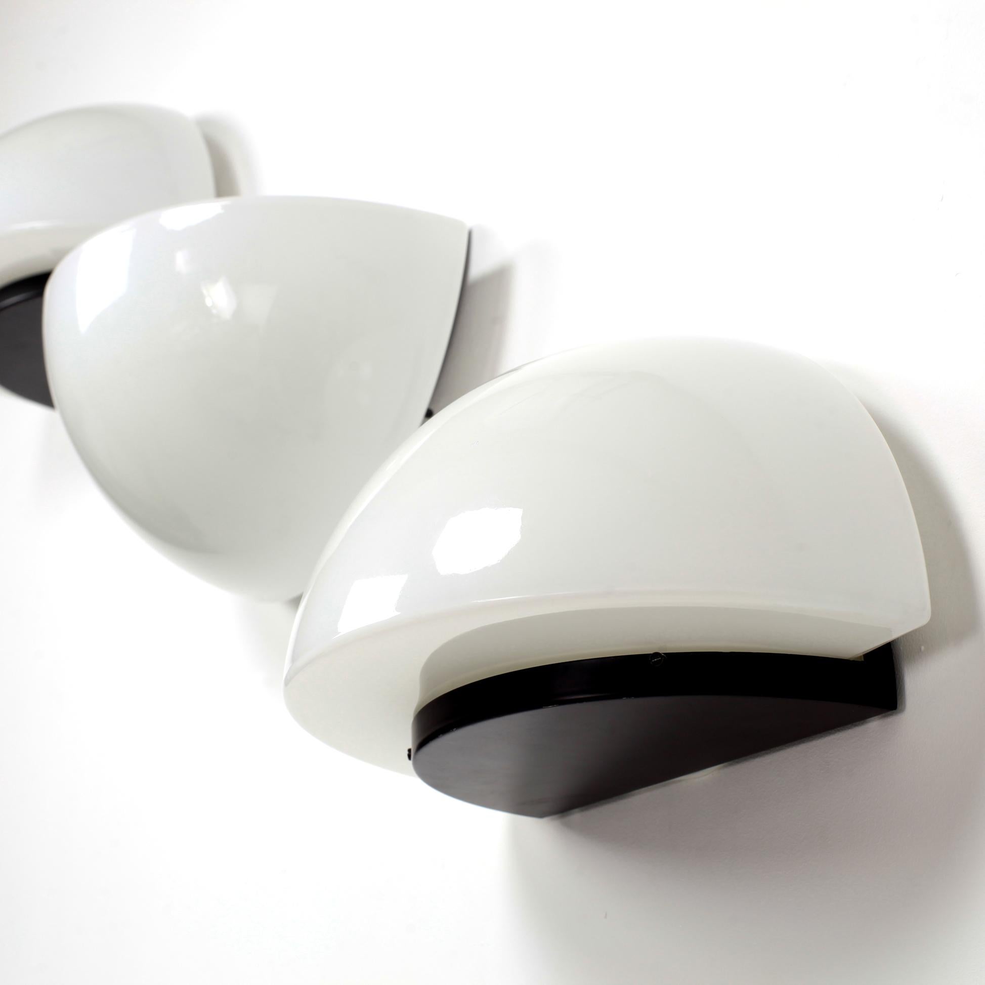 Set of 3 Space Age Black Metal and Opaline Glass Wall Light, Netherlands, 1970 2
