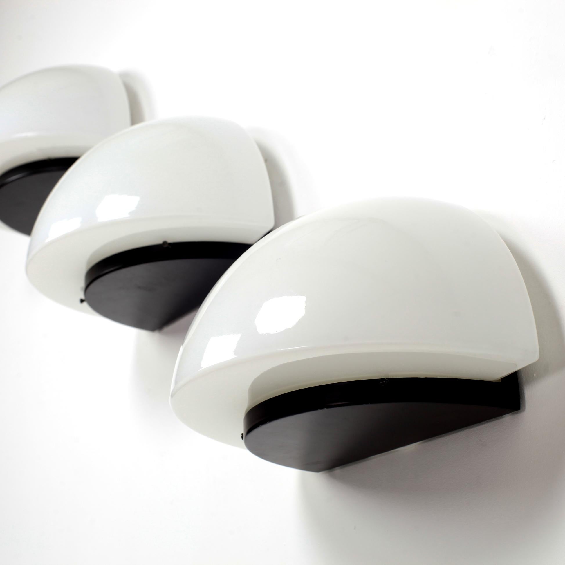 Set of 3 Space Age Black Metal and Opaline Glass Wall Light, Netherlands, 1970 3