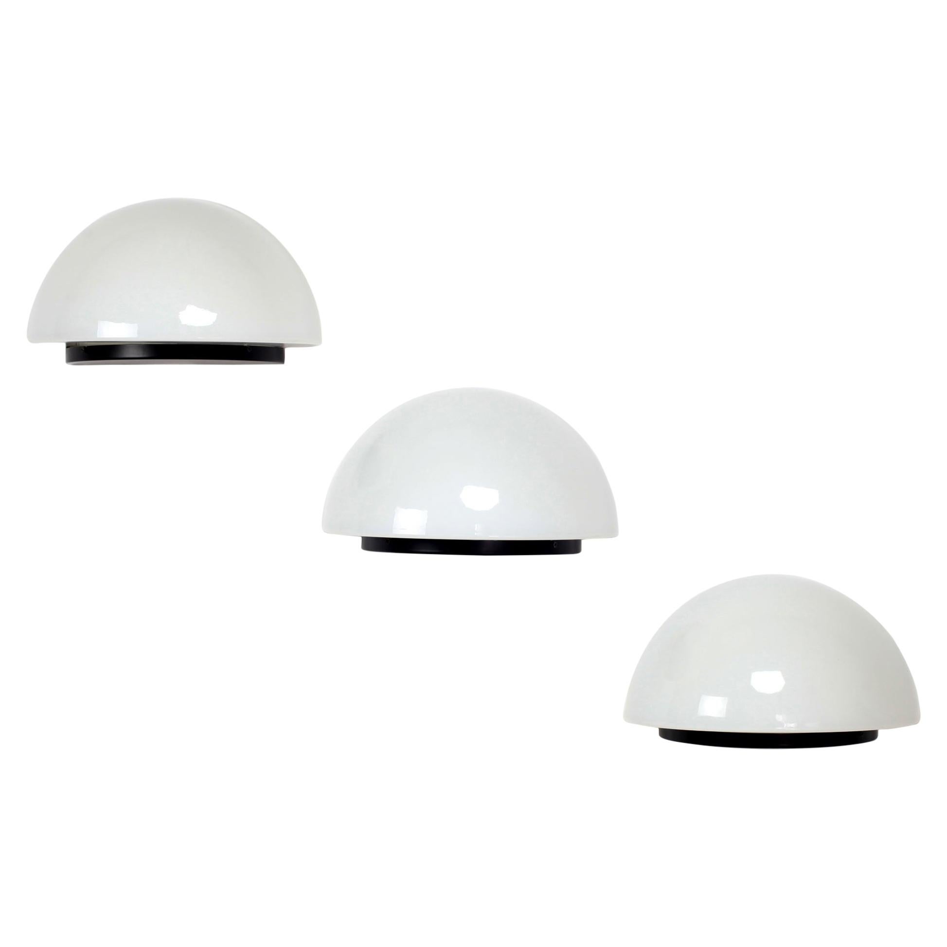 Set of 3 Space Age Black Metal and Opaline Glass Wall Light, Netherlands, 1970