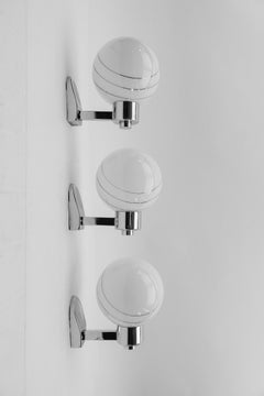 Set of 3 Space Age Chrome Wall Lamps with Milk Glass Ball Shades, 1970s