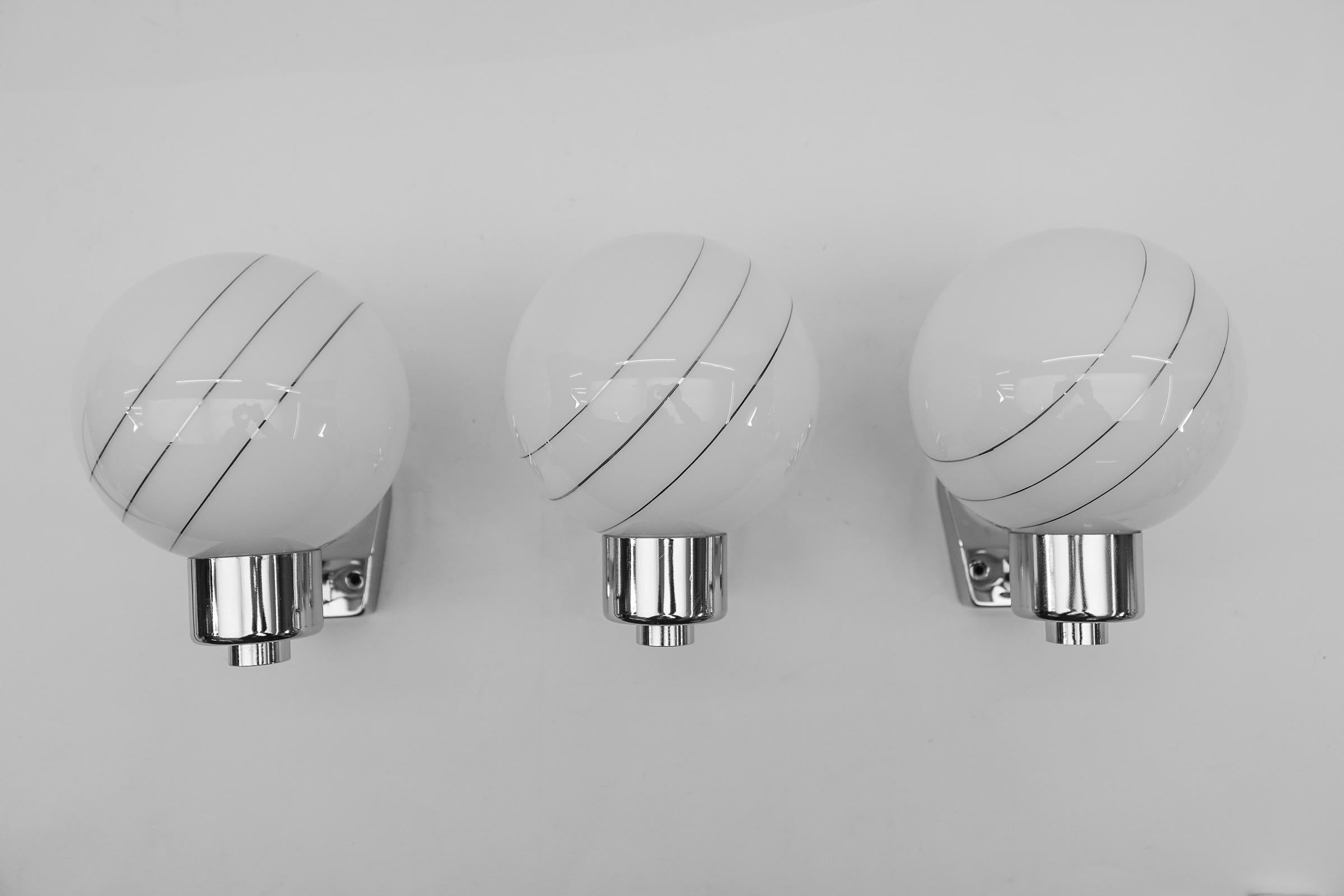 Set of 3 Space Age Chrome Wall Lamps with Milk Glass Ball Shades, 1970s For Sale 2