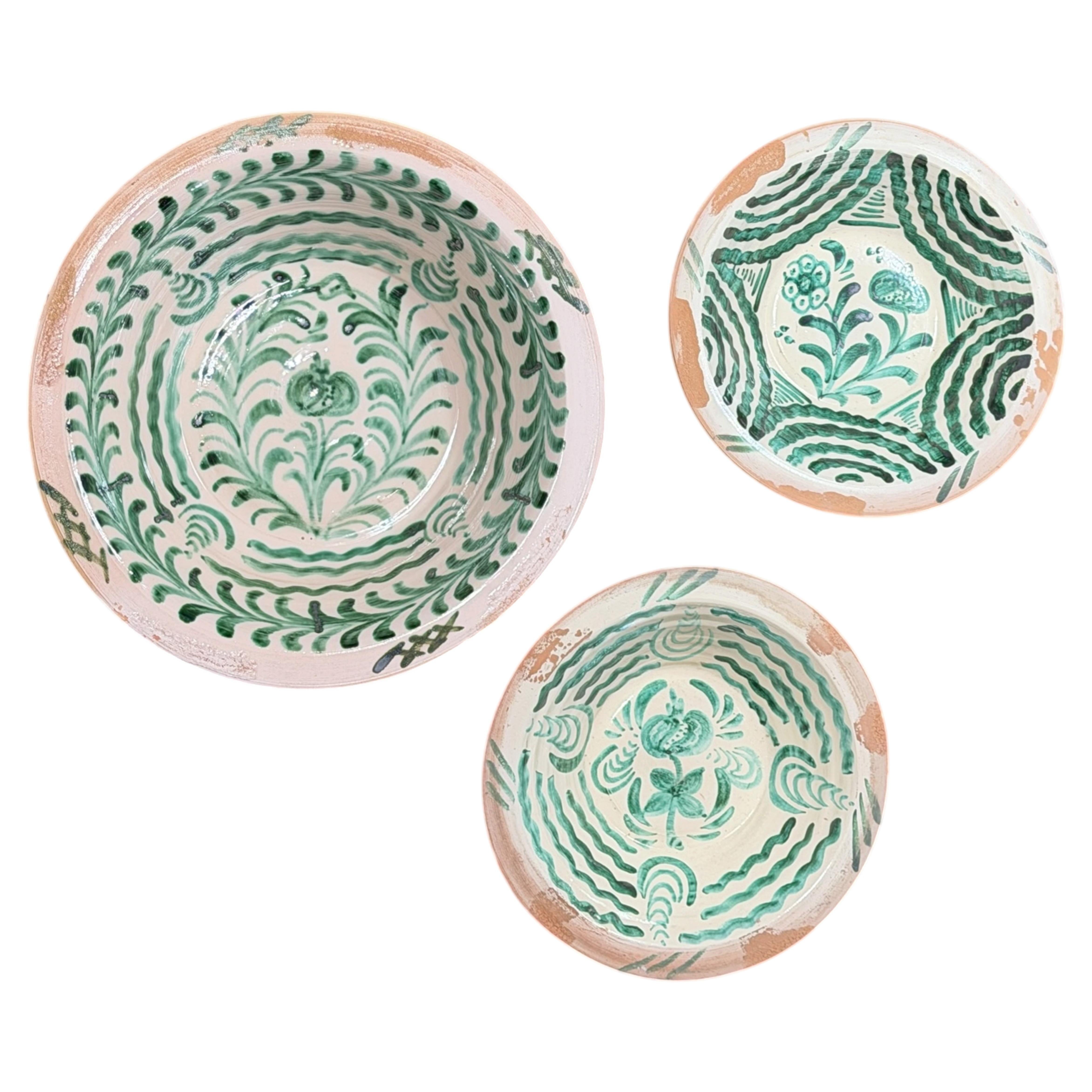 Set of 3 Spanish Fajalauza Lebrillos with Hand-Painted Green Decoration