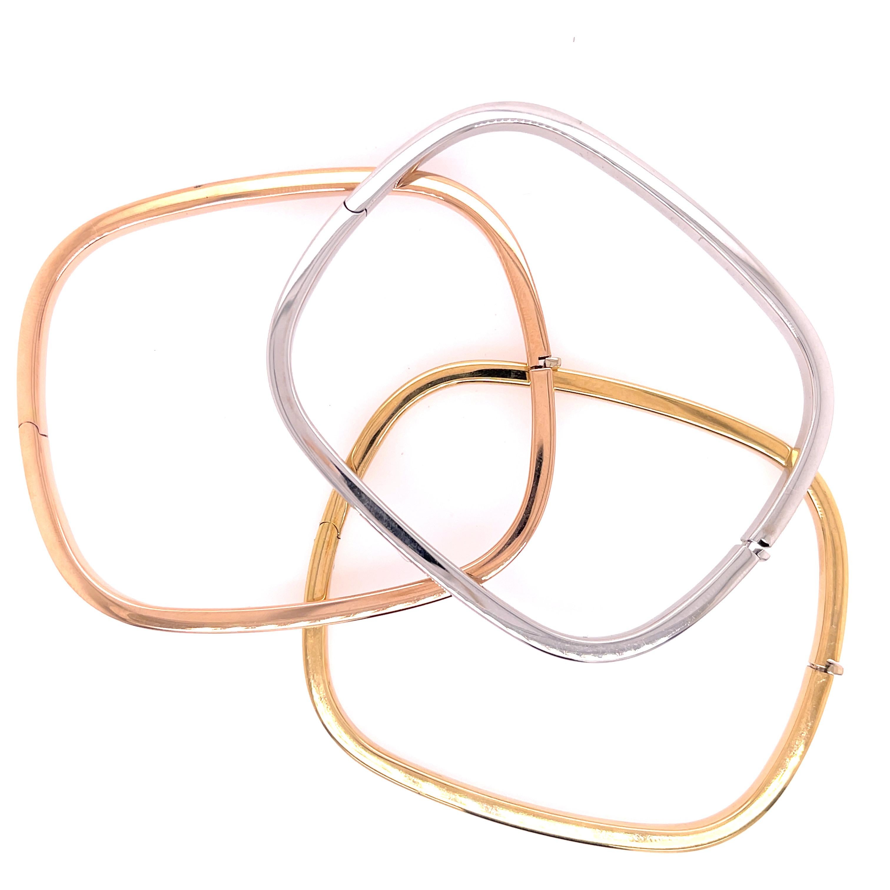 Set of 3 Square Bangles in 18K White, Rose, and Yellow Gold. Inner circumference of each bangle is 7 inches.