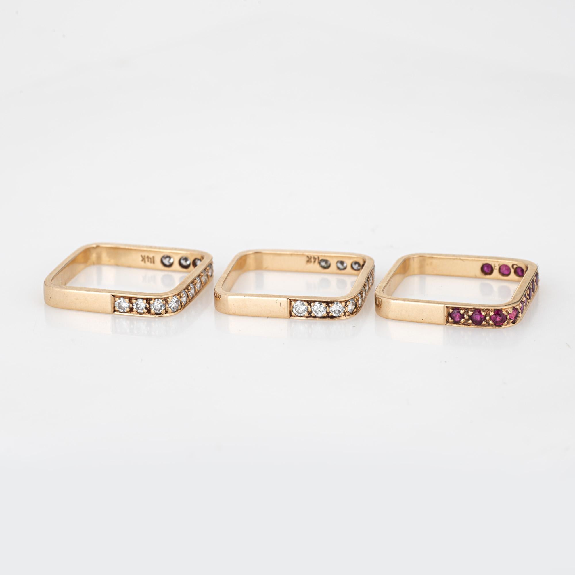 Modern Set of 3 Square Stacking Rings 6.5 Estate 14k Yellow Gold Diamond Ruby Jewelry For Sale