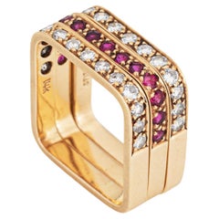 Retro Set of 3 Square Stacking Rings 6.5 Estate 14k Yellow Gold Diamond Ruby Jewelry