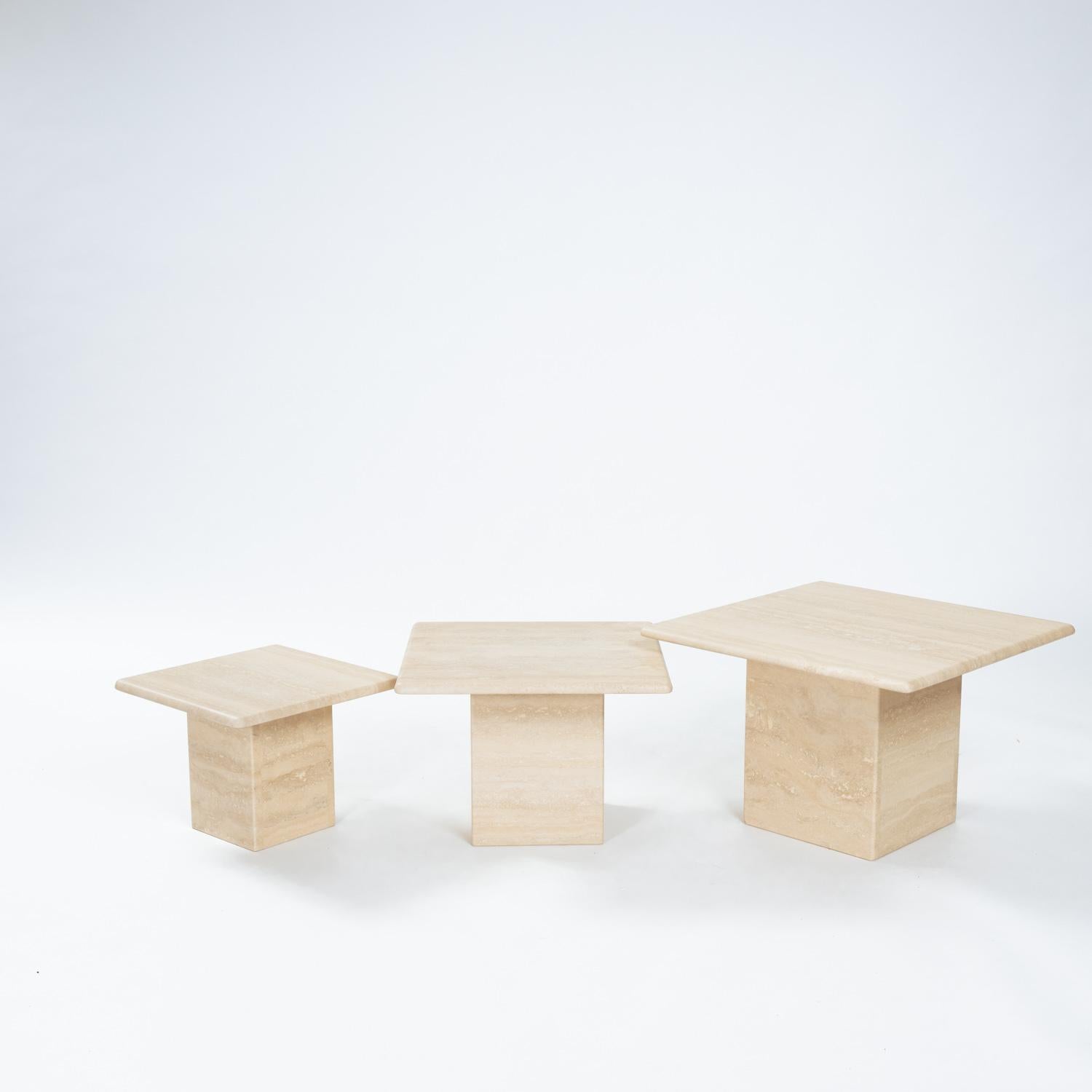 Mid-Century Modern Set of 3 square travertine nesting coffee tables 