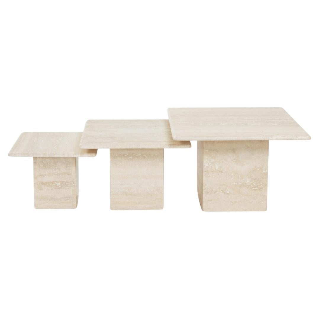 Set of 3 square travertine nesting coffee tables 