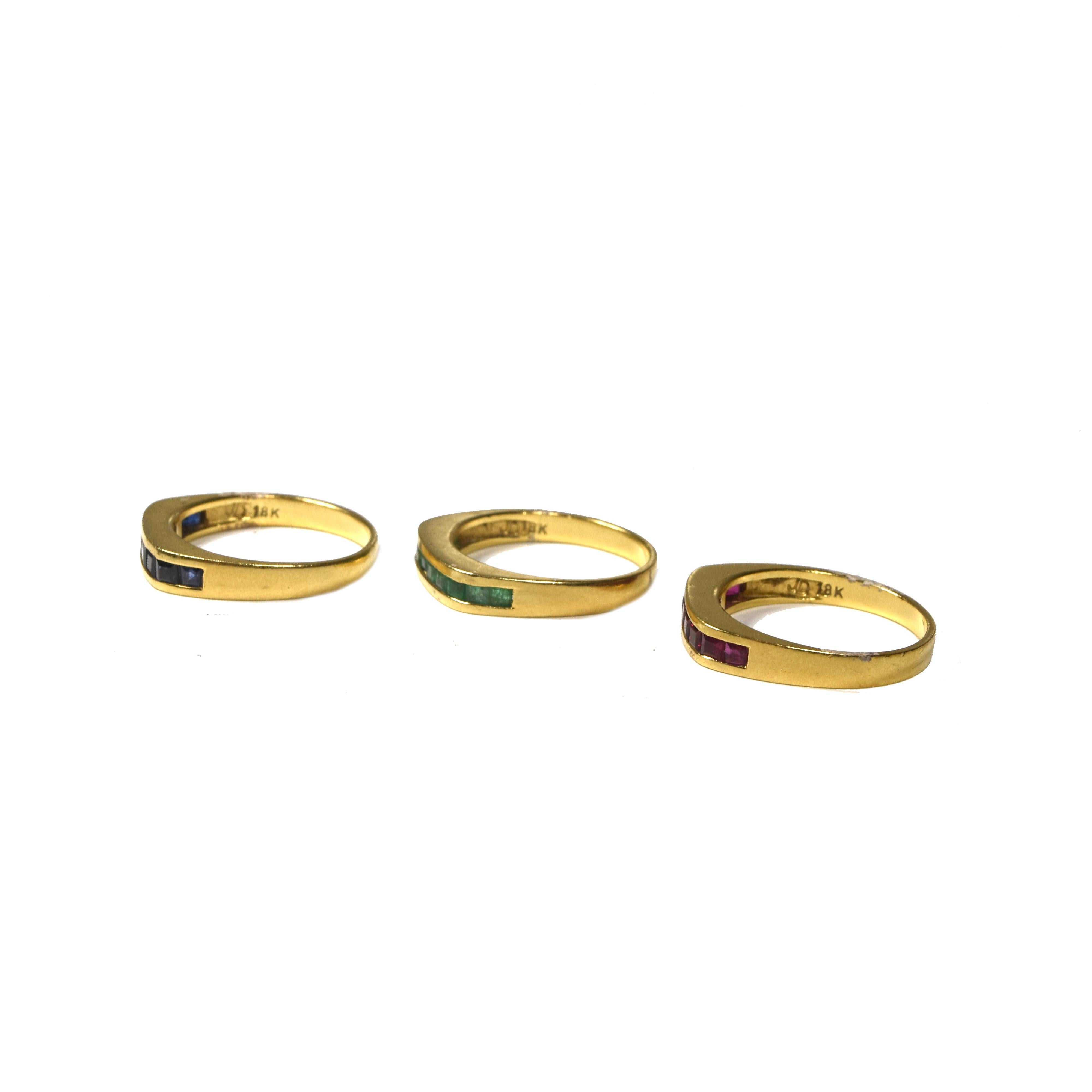 Modern Set of 3 Stackable Yellow Gold with Emerald Ruby and Blue Sapphire Rings