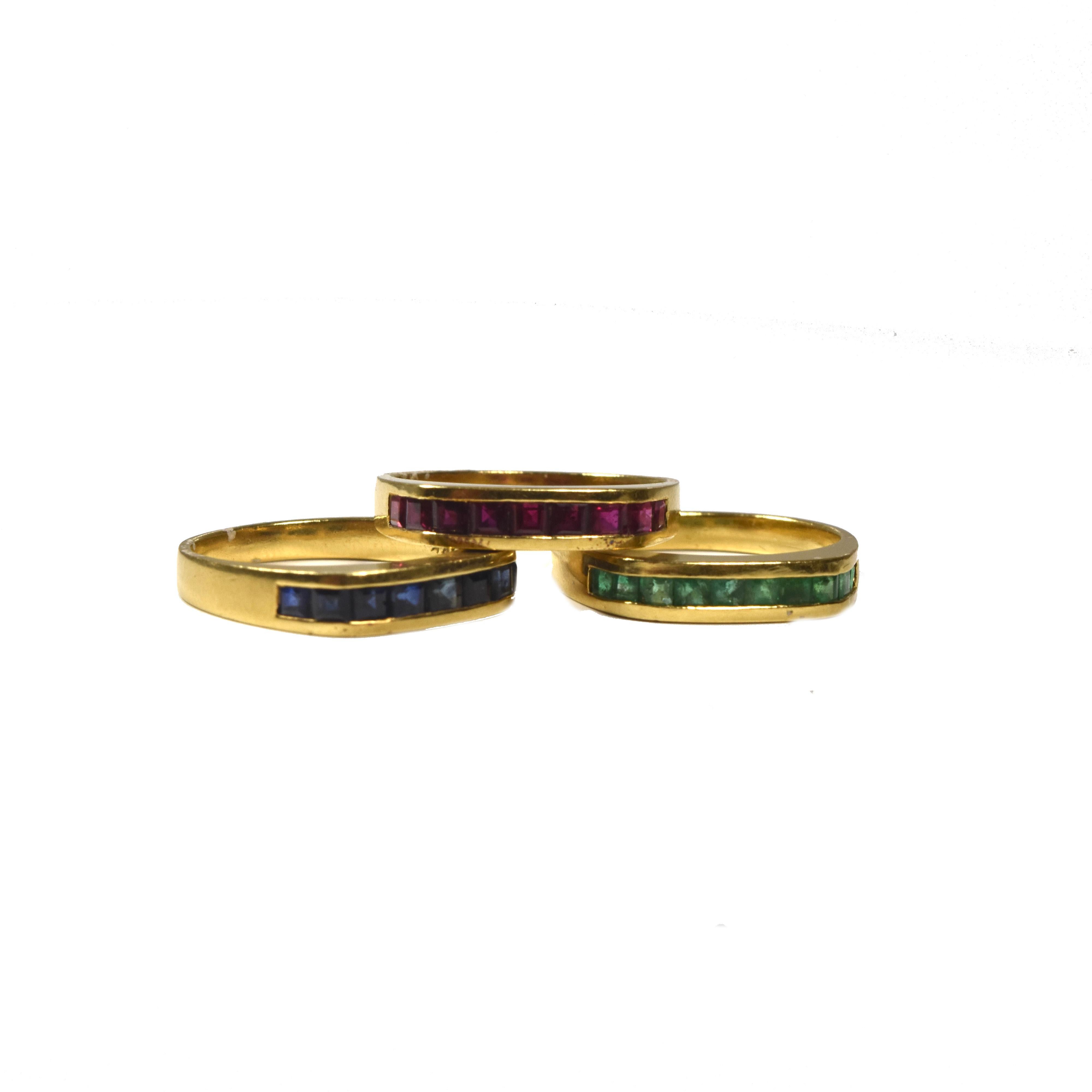 Square Cut Set of 3 Stackable Yellow Gold with Emerald Ruby and Blue Sapphire Rings