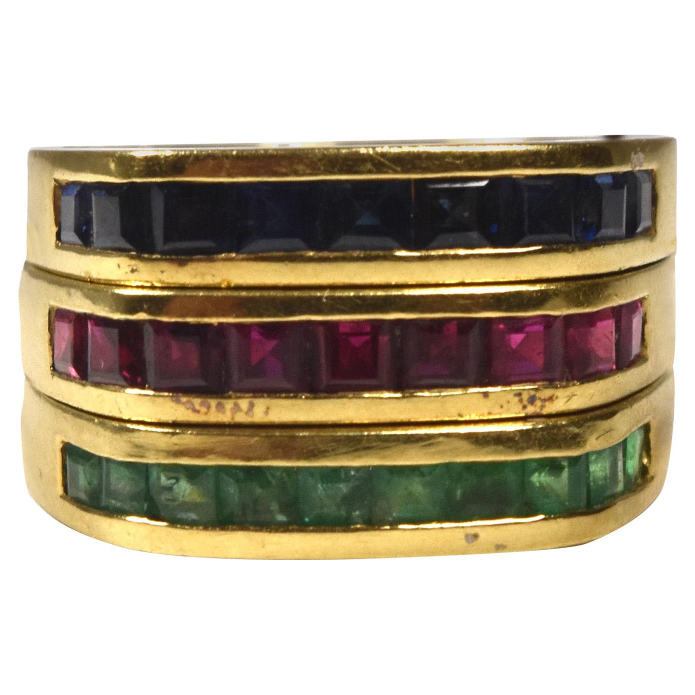 Set of 3 Stackable Yellow Gold with Emerald Ruby and Blue Sapphire Rings
