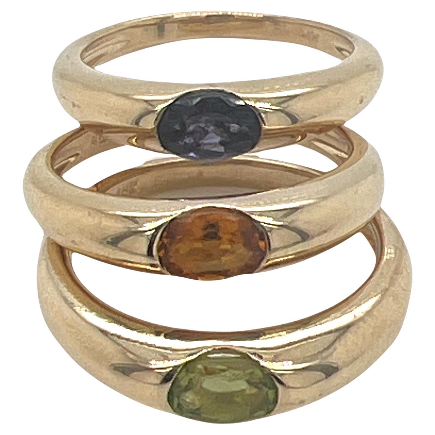 Set of 3 Stacking Band Rings Iolite Citrine Peridot 18 Karat Yellow Gold Estate