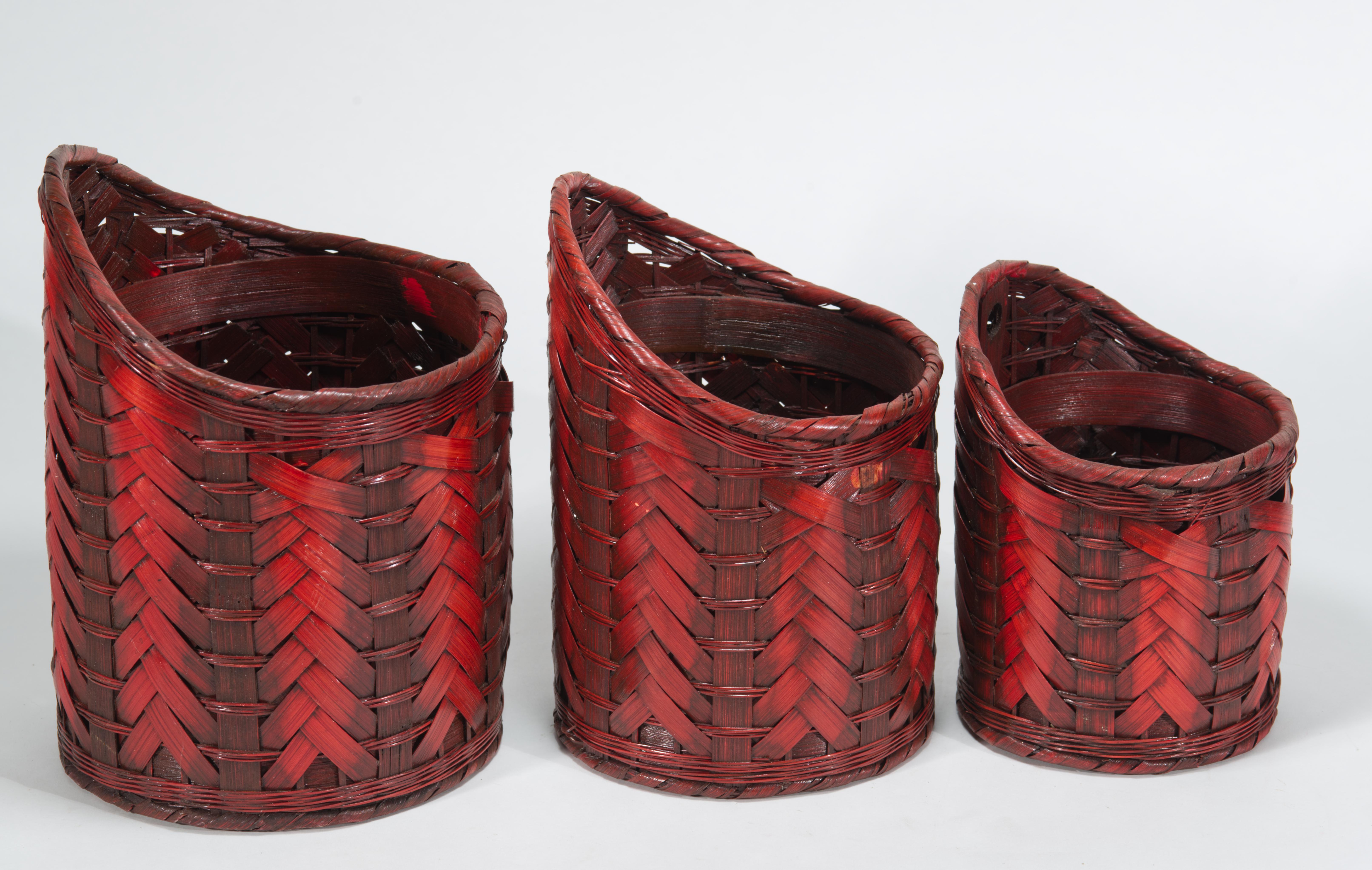 Set of 3 Stacking Ikebana or Hanging Baskets, Red Tinted Split Bamboo For Sale 3