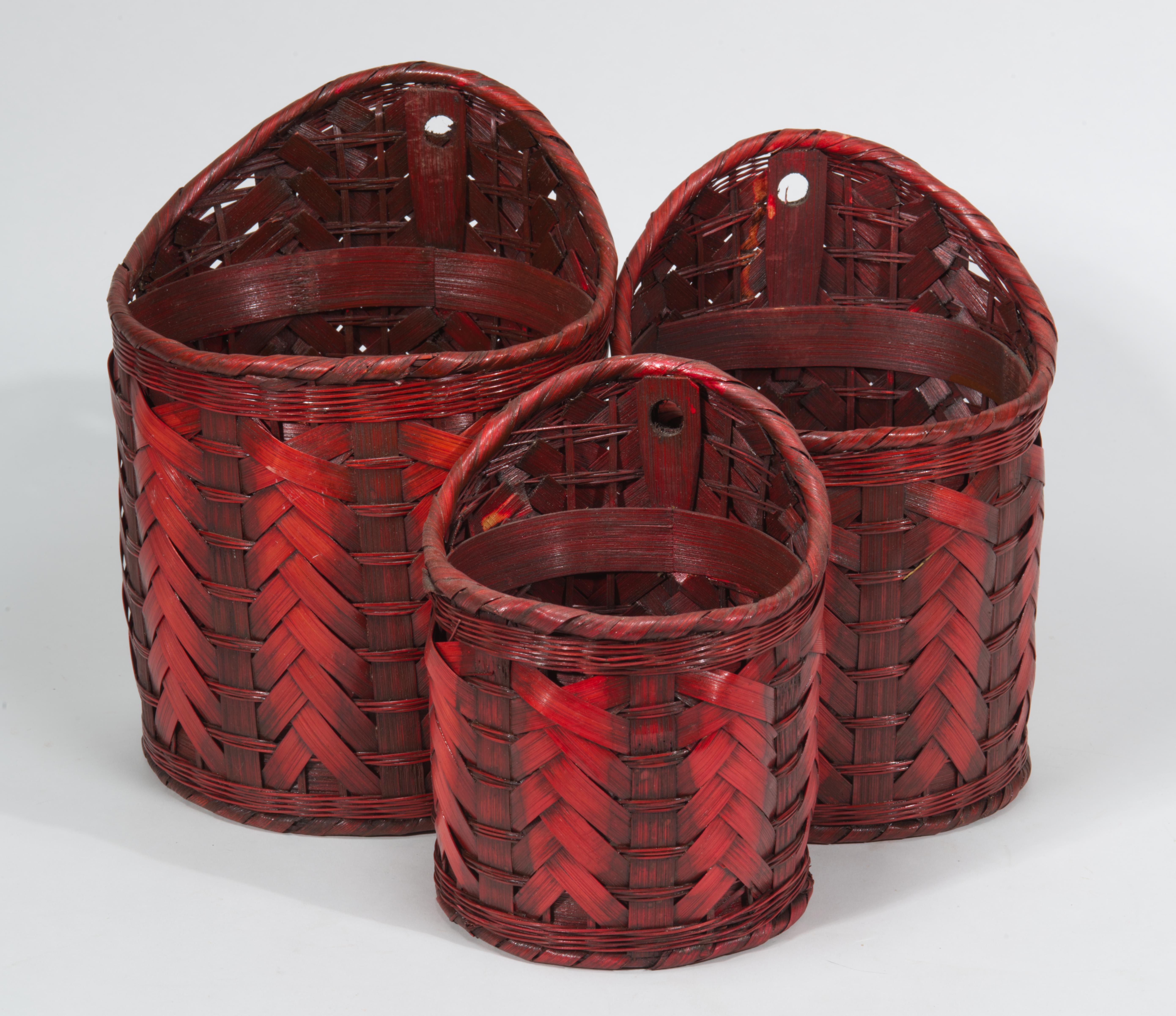 Set of 3 Stacking Ikebana or Hanging Baskets, Red Tinted Split Bamboo For Sale 6