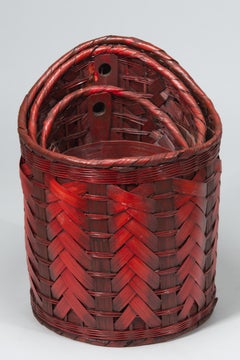 Set of 3 Stacking Ikebana or Hanging Baskets, Red Tinted Split Bamboo