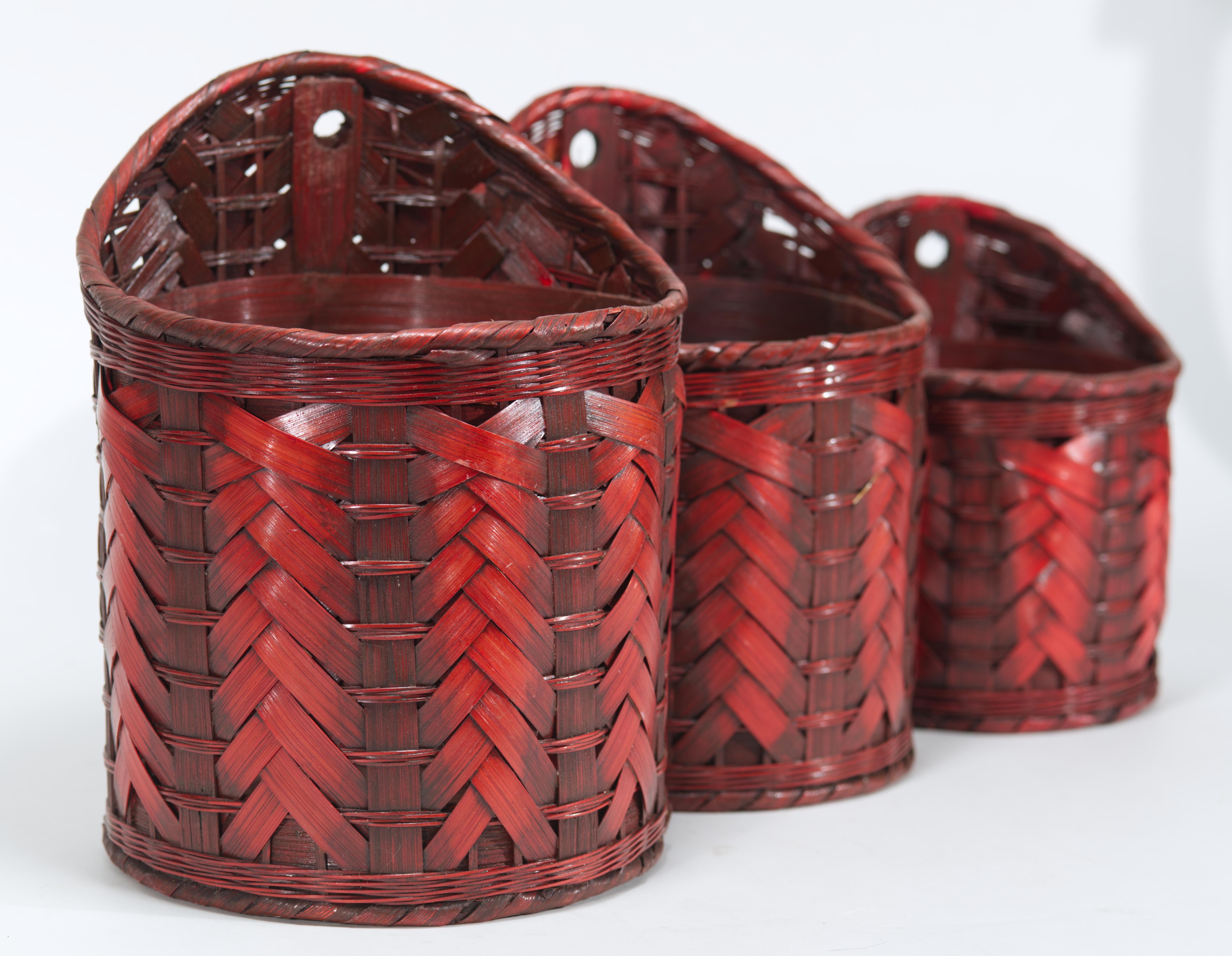 Chinese Set of 3 Stacking Ikebana or Hanging Baskets, Red Tinted Split Bamboo For Sale