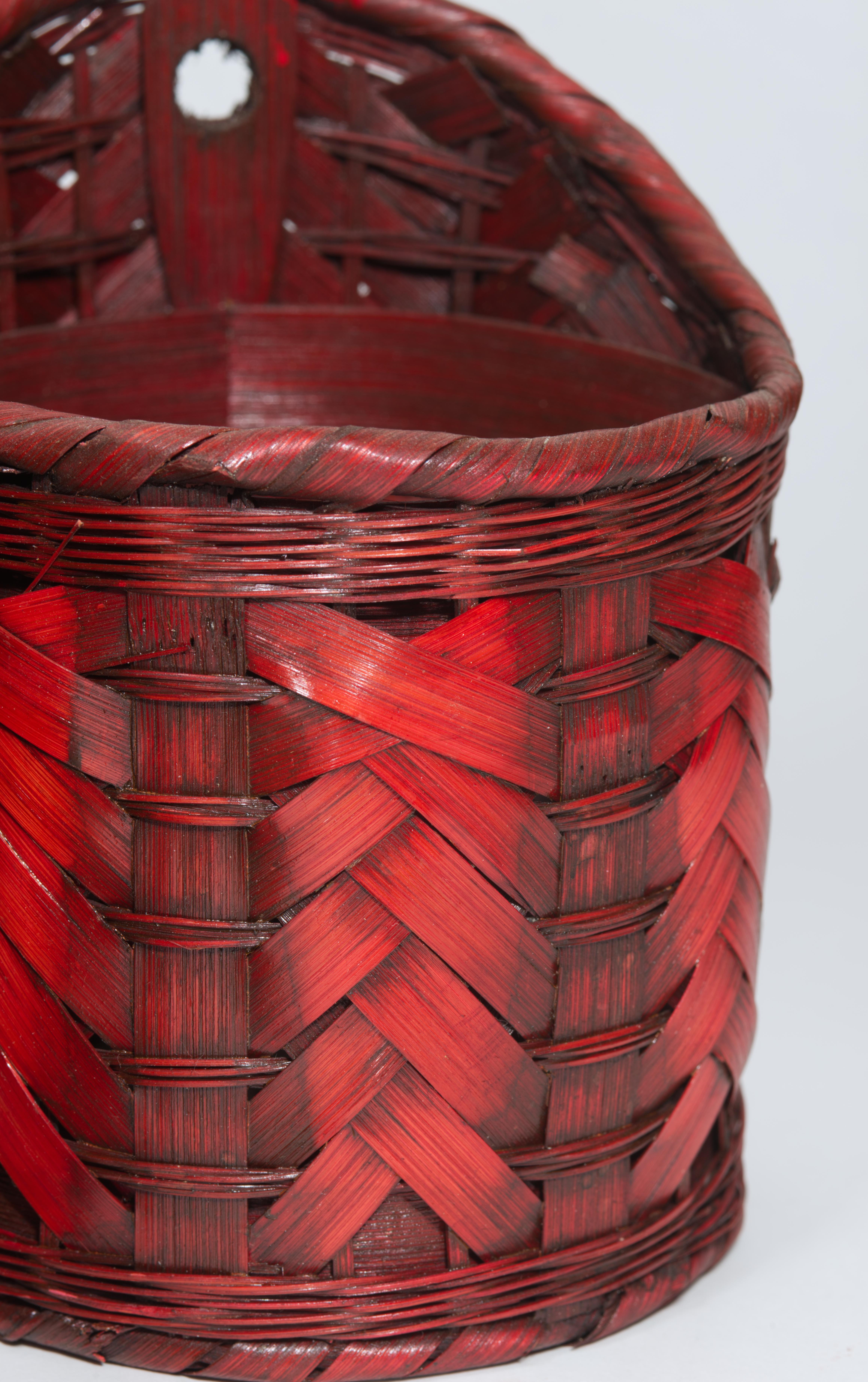 Mid-20th Century Set of 3 Stacking Ikebana or Hanging Baskets, Red Tinted Split Bamboo For Sale