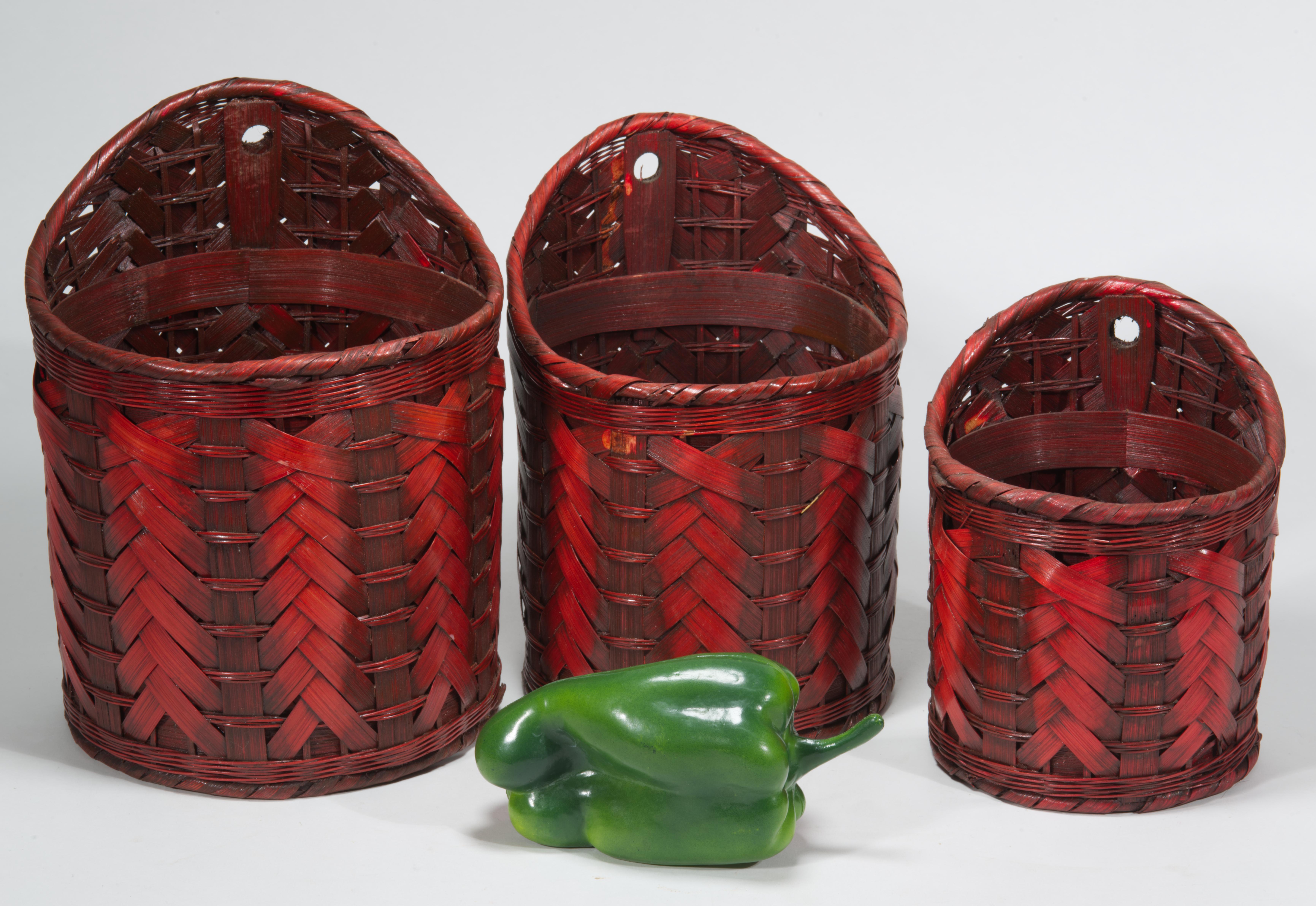 Set of 3 Stacking Ikebana or Hanging Baskets, Red Tinted Split Bamboo For Sale 1