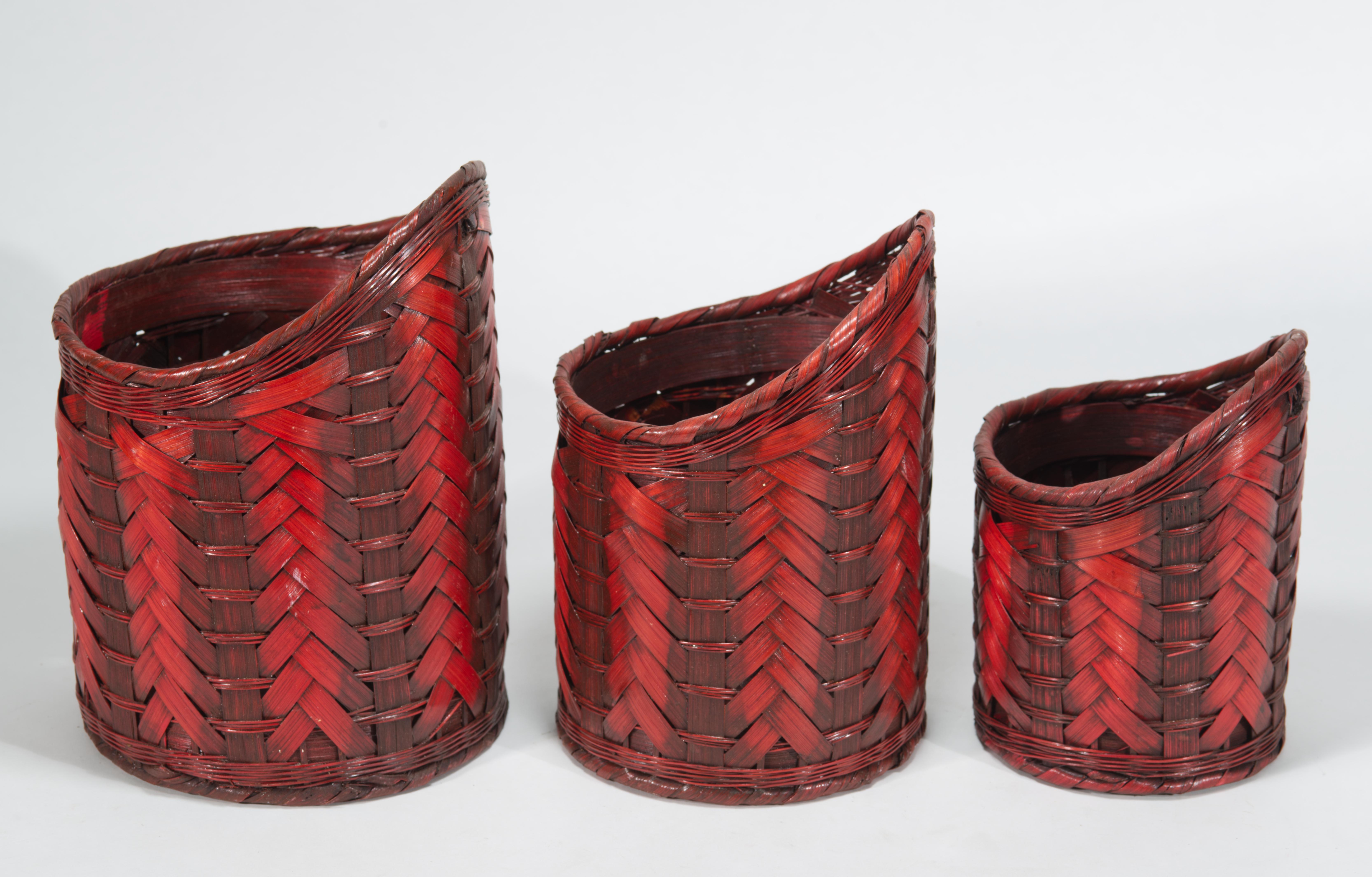 Set of 3 Stacking Ikebana or Hanging Baskets, Red Tinted Split Bamboo For Sale 2