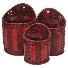 Set of 3 Stacking Ikebana or Hanging Baskets, Red Tinted Split Bamboo