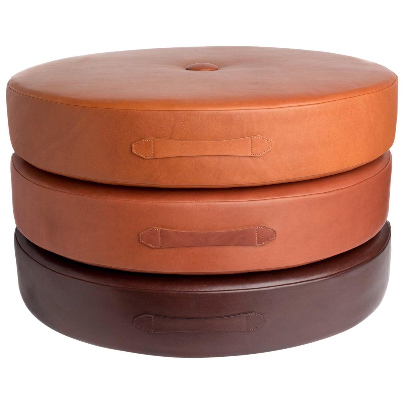 30"Ø Leather Drum Stacking Floor Cushion (Set of 3) by Moses Nadel For Sale