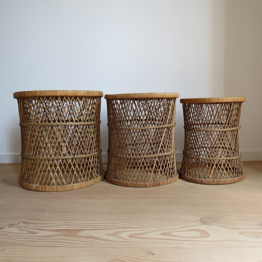 Machine-Made Set of 3 stacking Rattan round tables 1970s tables For Sale