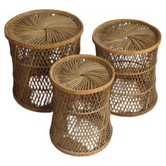 Set of 3 stacking Rattan round tables 1970s tables