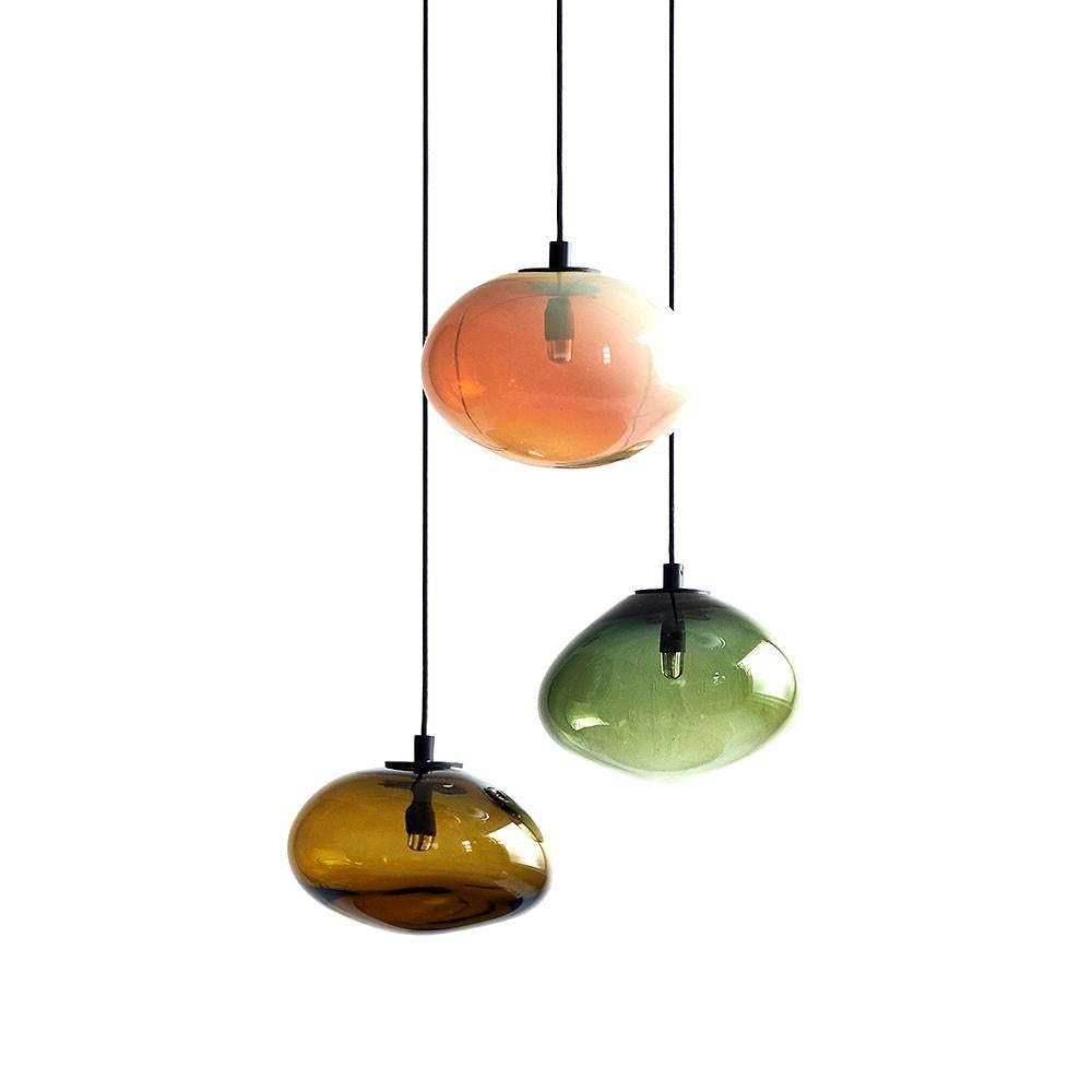 Set of 3 starglow pendants by Eloa.
No UL listed 
Material: glass, steel, silver
Dimensions: D 22.7 x H 100cm
Also available in different colours and dimensions.
Colours available: yellow blue green, turmalin, green iridescent, silver smoke, blue